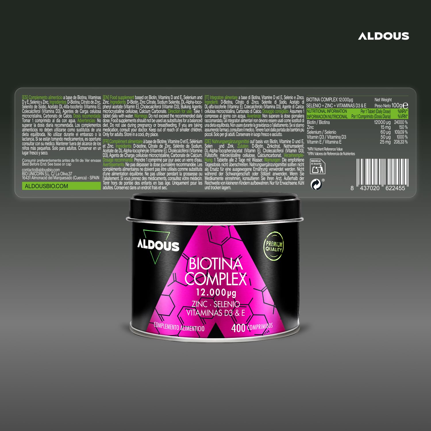 Biotina Capelli 12000 mcg - 400 Compresse - Integratore Capelli - Biotina, Zinco, Selenio, Vitamina D3, E - Biotina Crescita Capelli, Pelle e Unghie - Vitamine Capelli - Rinforzante Unghie -Anticaduta