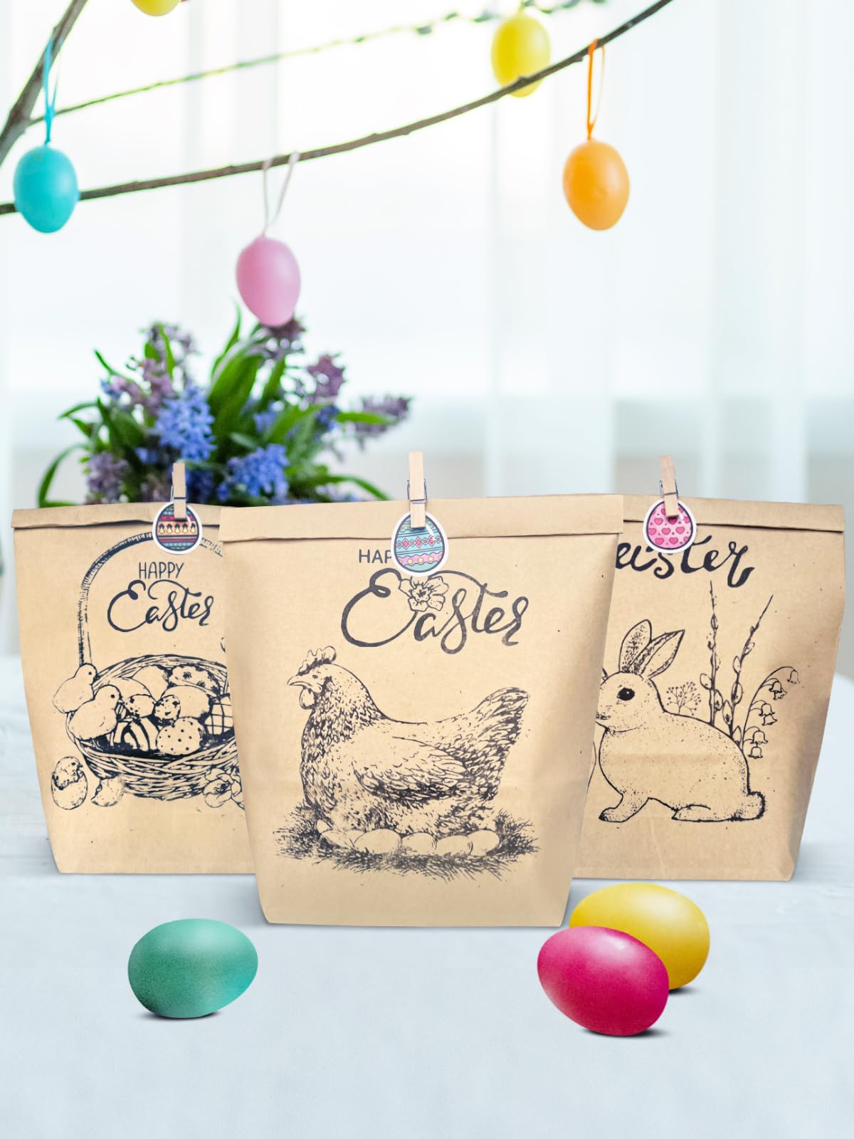 Sacs De Pâques En Papier Kraft - Lot De 12 Avec Poignées + 6 Autocollants - DIY Pour Œufs Et Cadeaux De Pâques