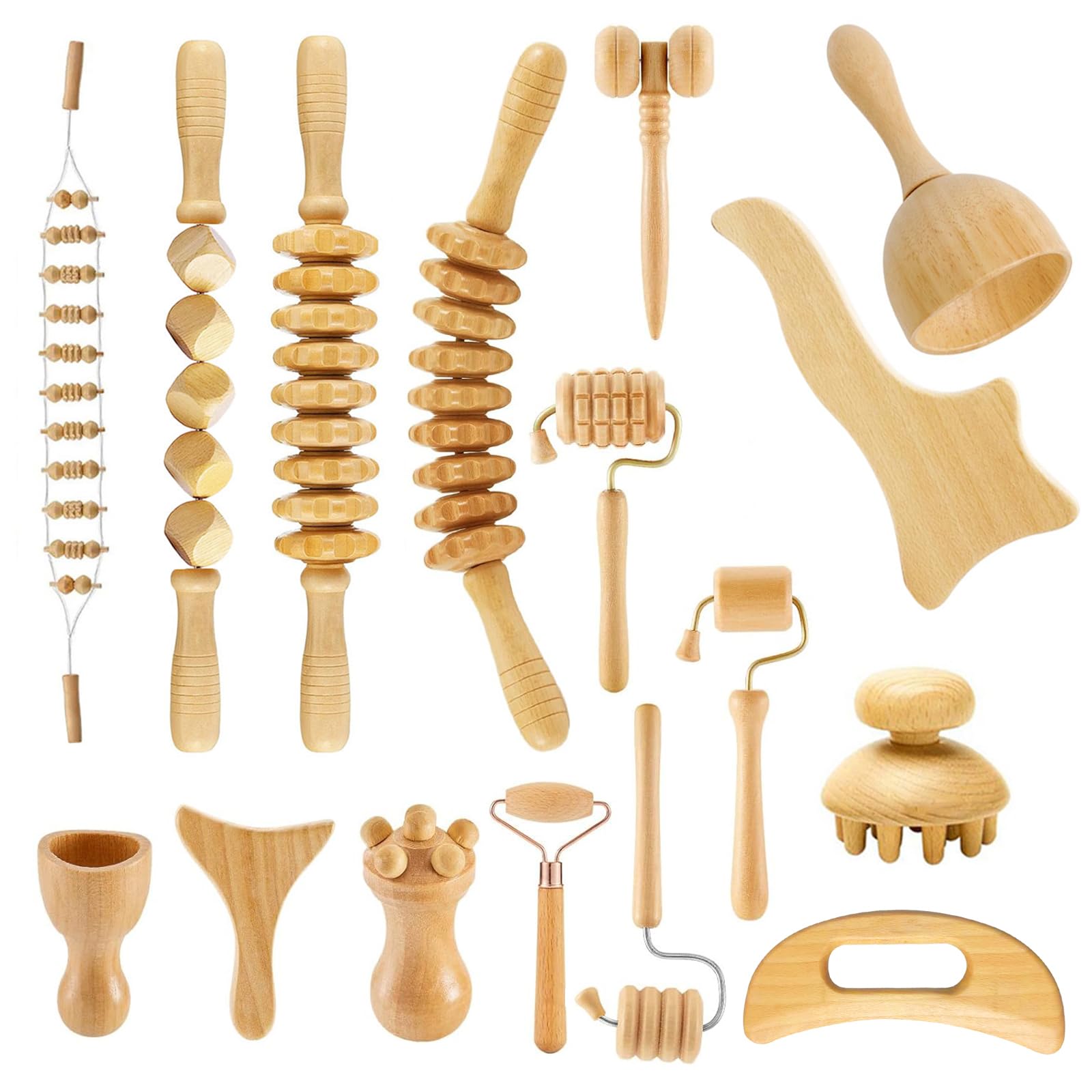 16Pcs Wood Therapy Massage Tools Set, Maderoterapia Kit for Body Sculpting, Lymphatic Drainage & Deep Tissue Massage, Wooden Fascia Roller for Face &