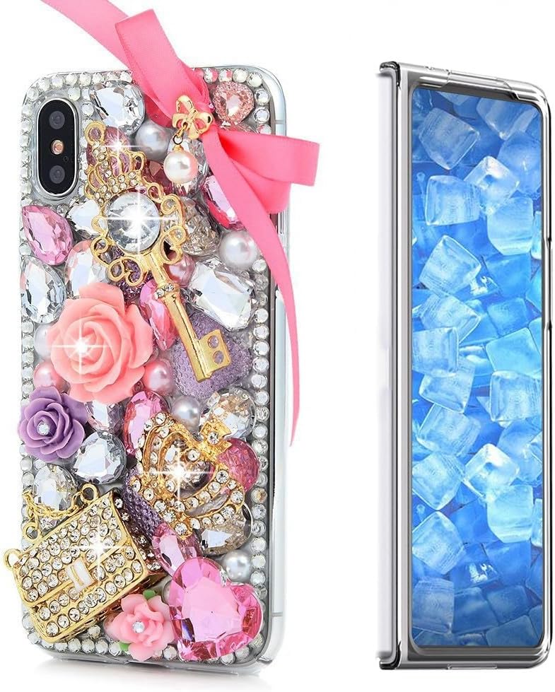 STENES Sparkle Case Compatible with Samsung Galaxy Z Fold 5 5G Case - Stylish - 3D Handmade Bling Lily Rose Butterfly Flowers Rhinestone Crystal Diamond Design Girls Women Cover - Red