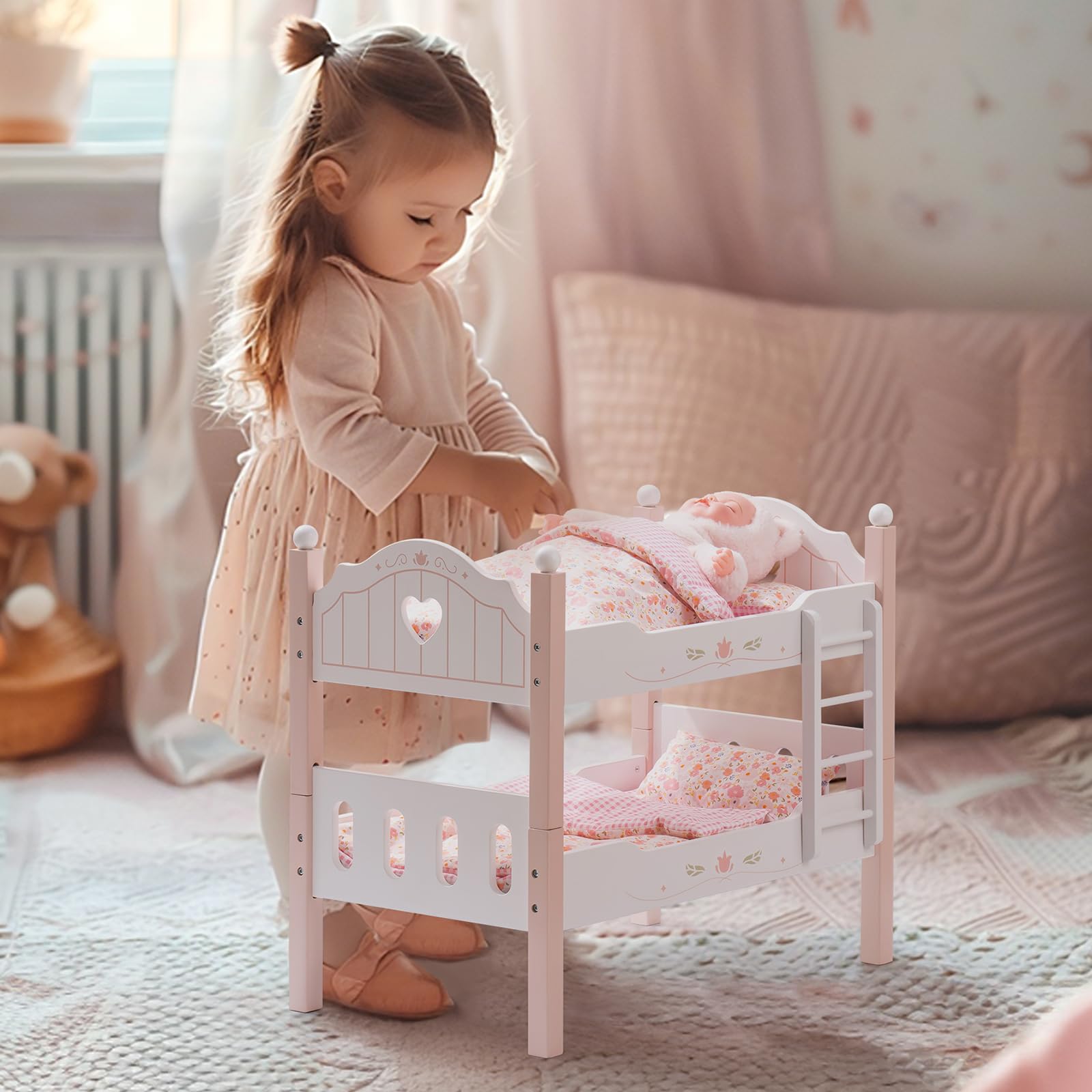 ROBUD Baby Doll Crib, Wooden Baby Doll Beds for 20 Inch Dolls, Baby Doll Bunk Beds with Tulle, American Girl Doll Bed for Gifts, Pink