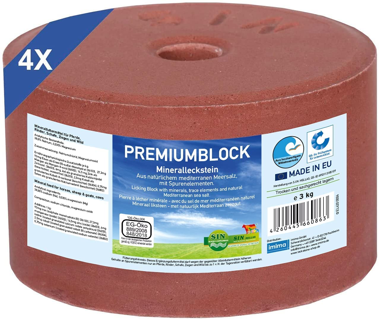 Mineralleckstein Pferd PREMIUMBLOCK Salzleckstein Set 4 x 3kg - Salzlecksteine für Pferde, Schafe, Ziegen, Wild und Rind - Salz Leckstein Mineralstein