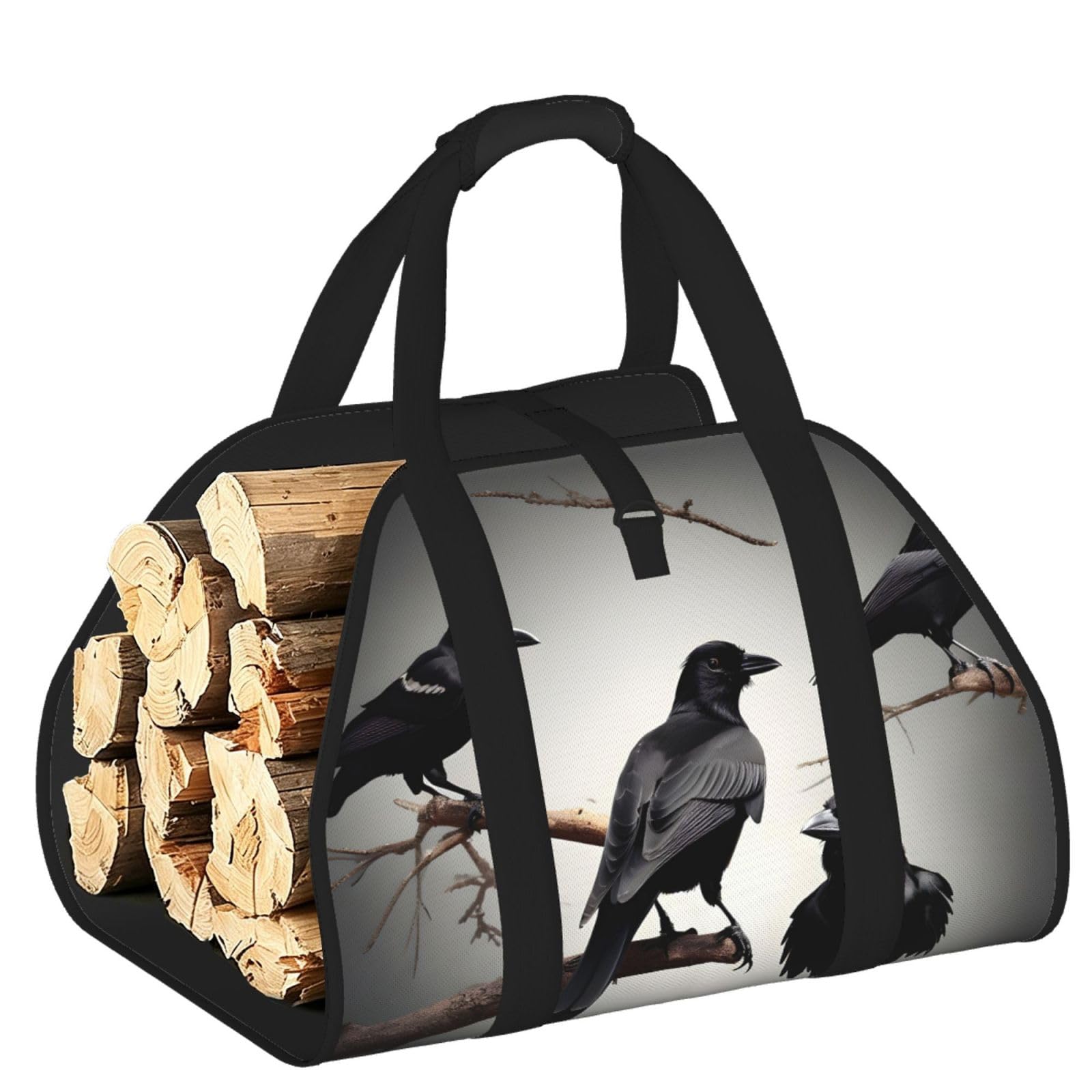 Black Crow Birds on a branch Printed Firewood Carrier Bag, Log Tote with Open-Ended Design for Camping Outdoor Wood Hauling