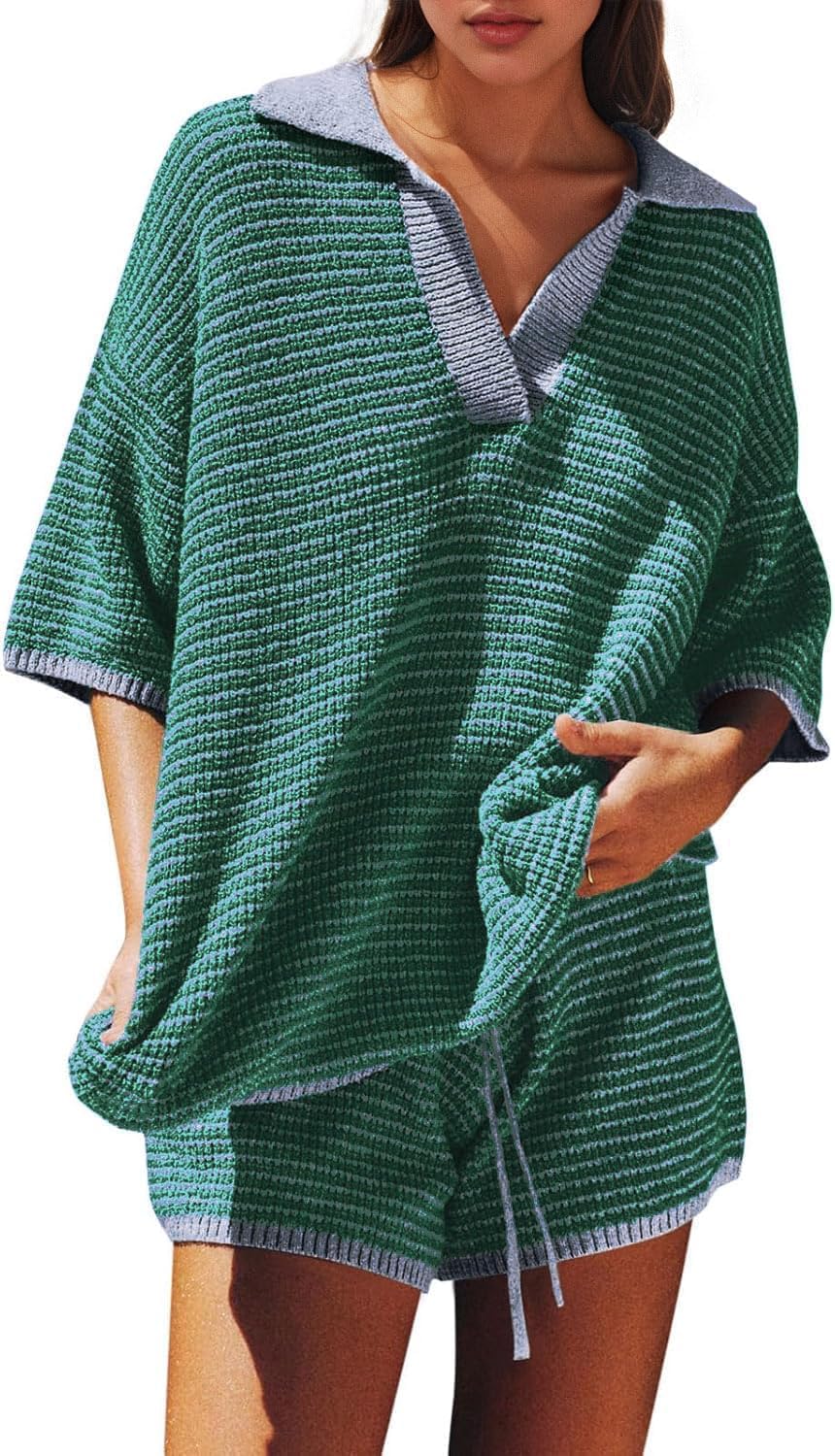 Dokuritu Two Piece Sets for Women Oversized Striped 3/4 Sleeve Sweater Set Casual V Neck Knit Tops High Waisted Shorts Matching Set