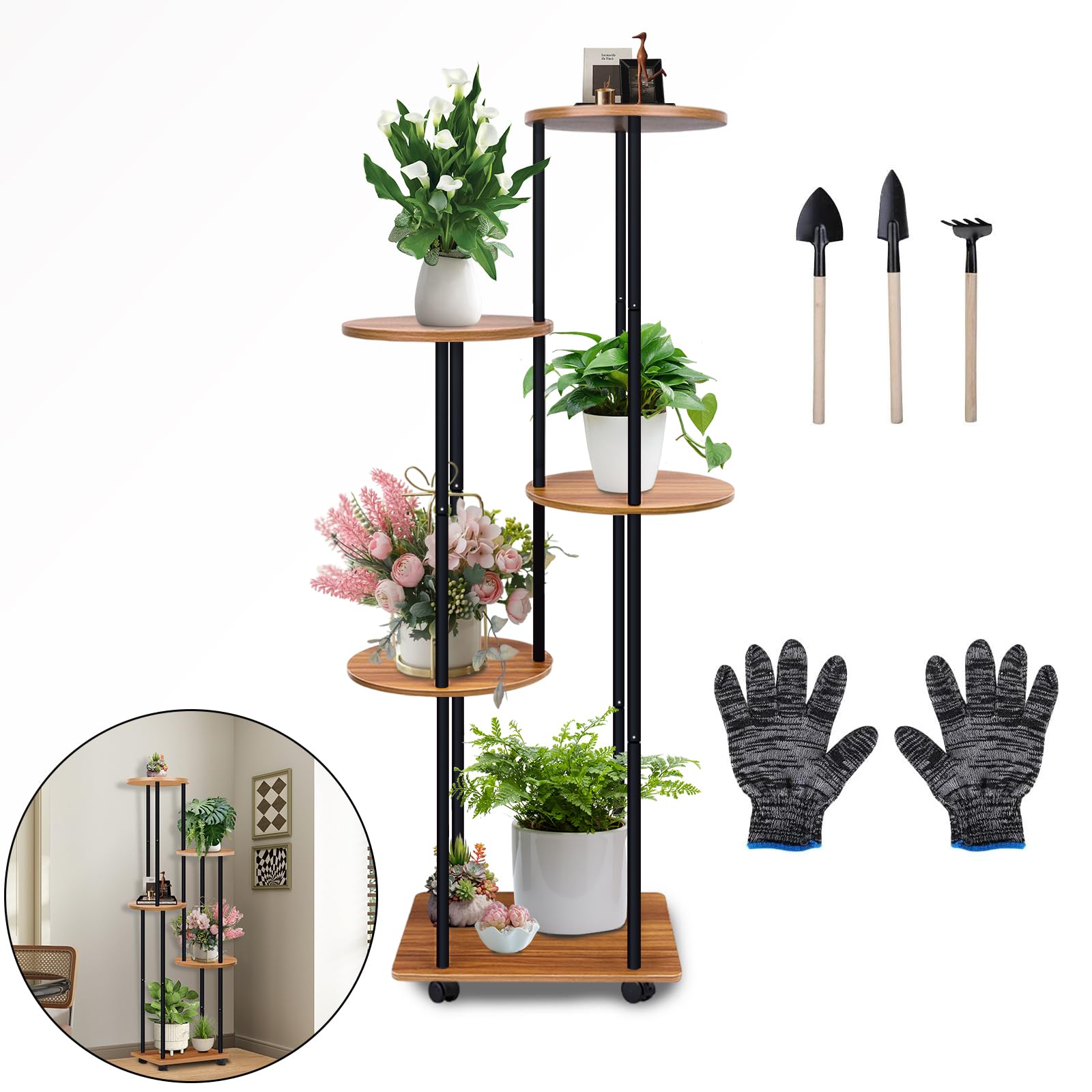 Wuciray Estanteria Macetas para Plantas De 5 Niveles con Ruedas Soporte para Plantas Madera de Metal Soporte Macetas Para Jardín Balcón Interior Exterior