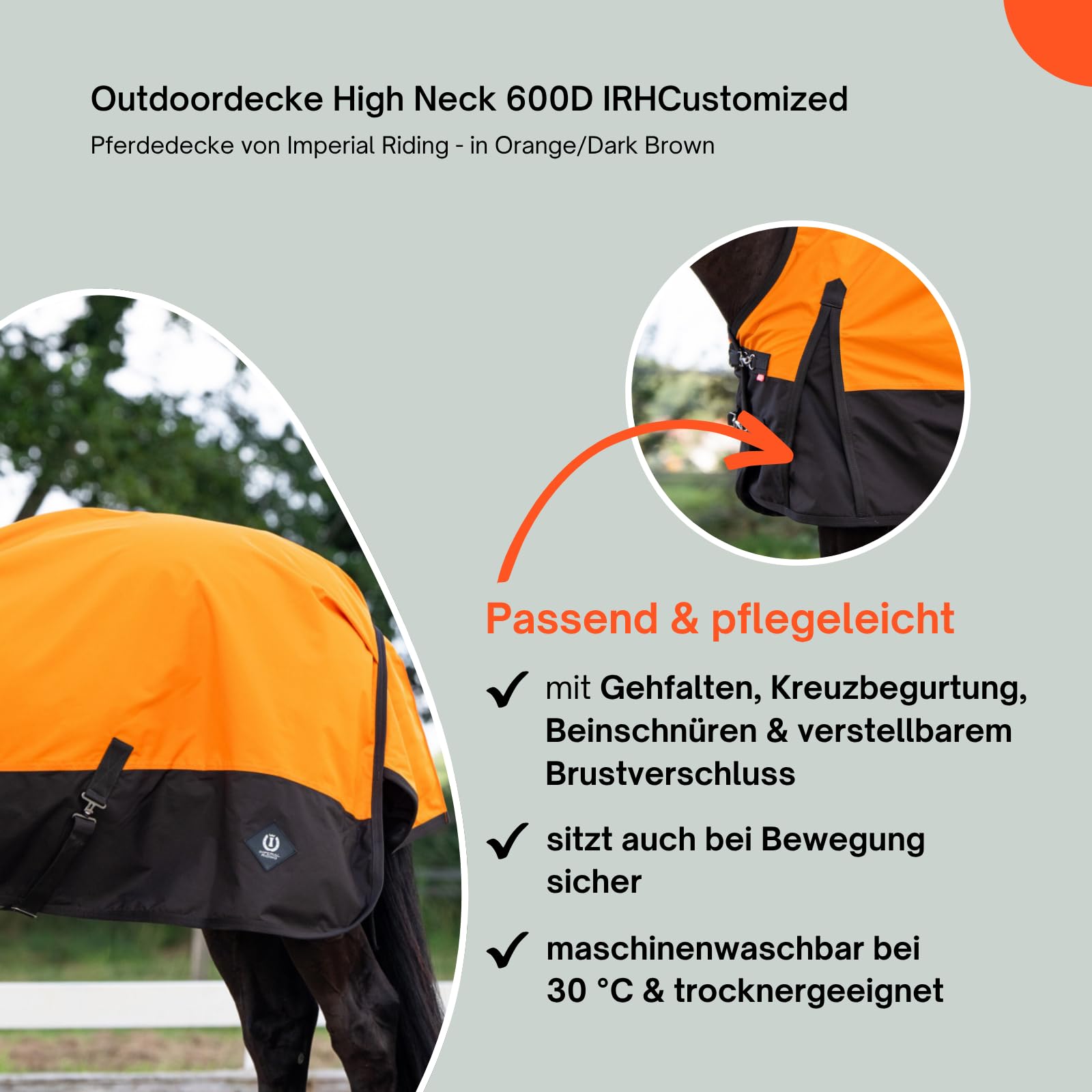Imperial Riding - Outdoordecke High Neck 600D IRHCustomized – Regendecke – strapazierfähige & wasserdichte Weidedecke mit Baumwollfutter – Pferdedecke in Orange/Dark Brown – 145cm