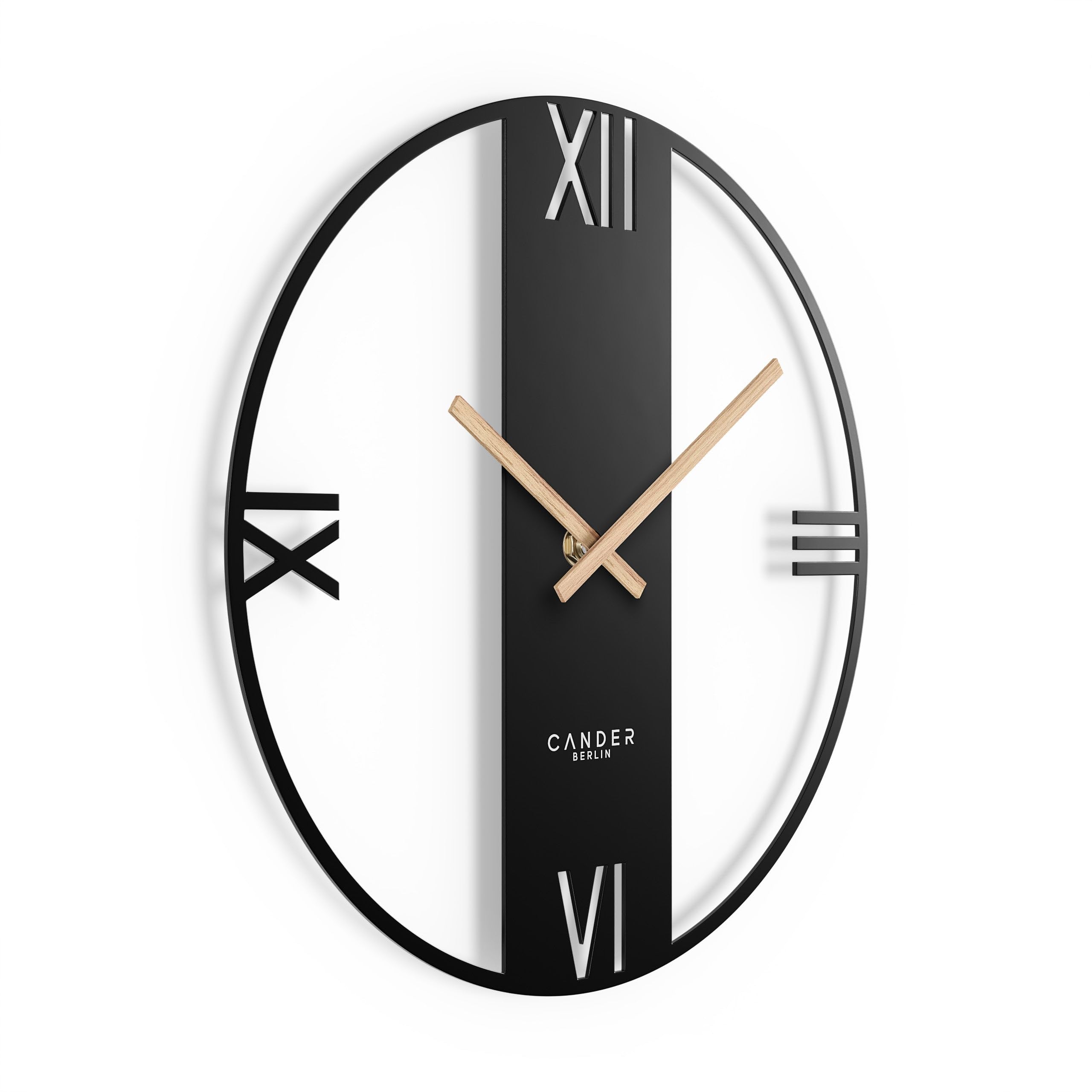 Cander Berlin Elara XXL Reloj de pared vintage silencioso, 40 cm, metal, manecillas de madera, sin ruido de tictac, grande, moderno, negro, salón, cocina