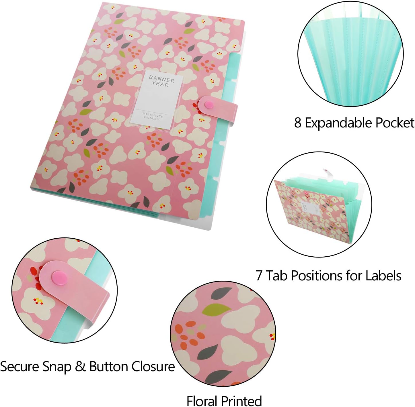 SKYDUE Floral Printed Expanding File Folder with 8 Pockets Accordion Document File Organizer A4 Letter Size File Jackets (Pink)