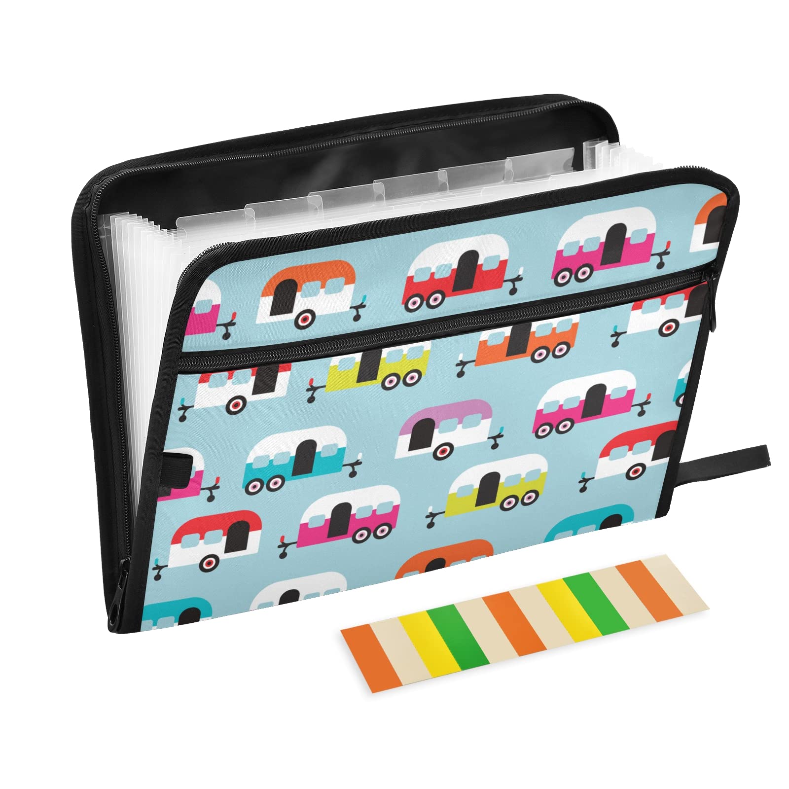 Colorful Seamless Happy Camper Caravan on Turquoise Expandable File Folder with 13 Pockets, Zipper Waterproof Accordion Document Filing Folder Organizer Labels for Letter Size/A4