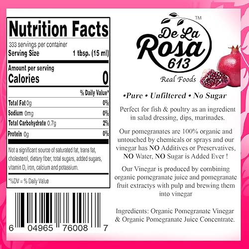 Miniatura 2 de Vinagre de granada orgánico De La Rosa, puro y sin filtrar, vegano, sin gluten y kosher, ideal para aderezos de ensaladas, adobos, vinagre de