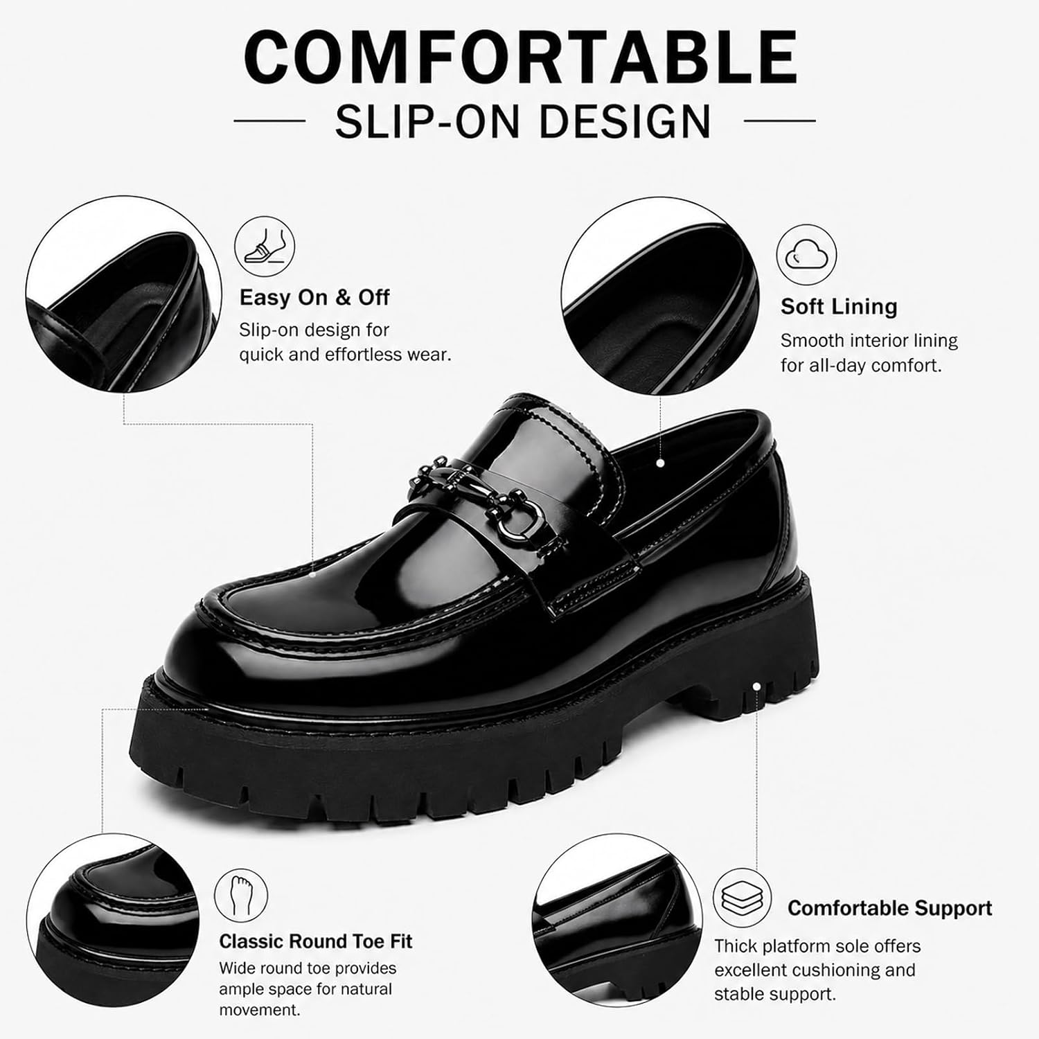 Men's Patent Leather Chunky Platform Loafers, Slip On Horsebit Dress Shoes with Non-Slip Lug Sole, Classic Round Toe Business Casual Shoes for Office, Work, Wedding & Formal Events
