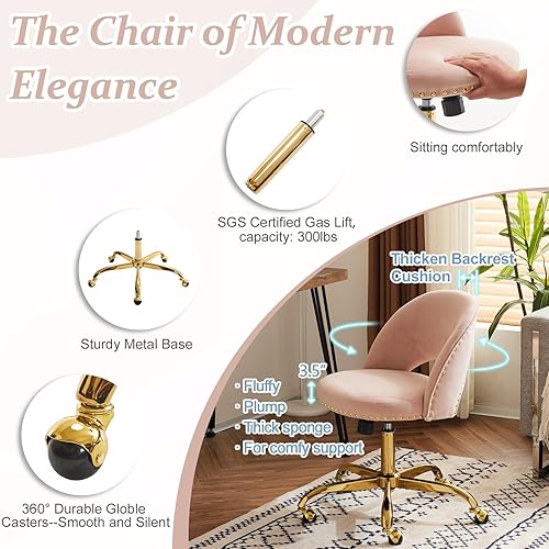 Vista 102 de VINGLI Silla de oficina pequeña de terciopelo moderna, bonita silla de escritorio con ruedas, base dorada/tachuelas, cómoda silla giratoria sin Beige
