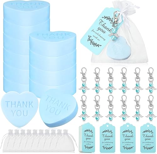 Loopeer 40 juegos de regalos de baby shower, hecho a mano, perfumado, jabón de corazón, llavero de ángel con etiquetas de agradecimiento, bolsa de
