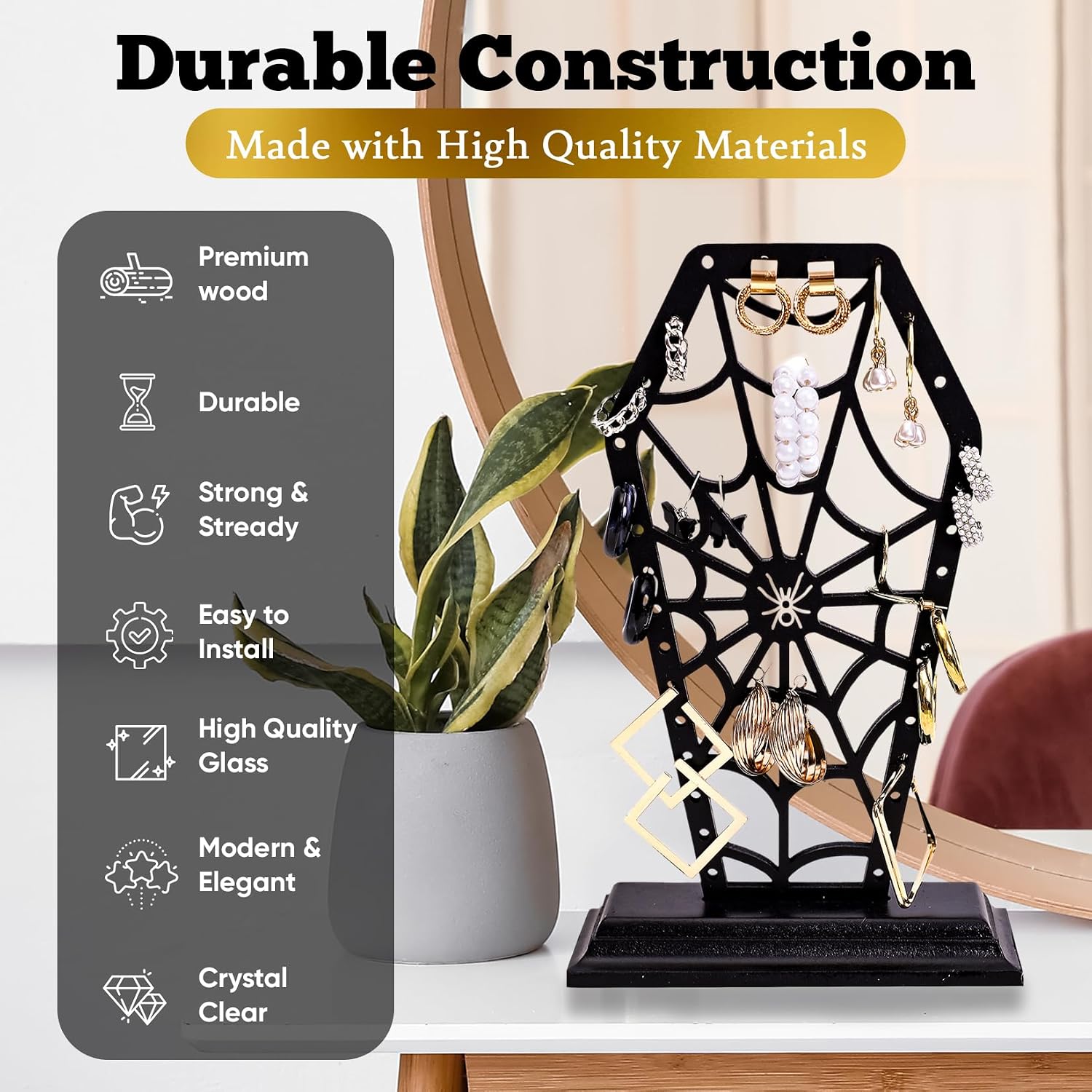 Coffin Spiderweb Earring Holer - Halloween Decor for Bathroom and Bedroom - Gothic Wooden Makeup Organizer for Girls - Goth Accessories for Vanity - Witchy Gifts for Women image 2