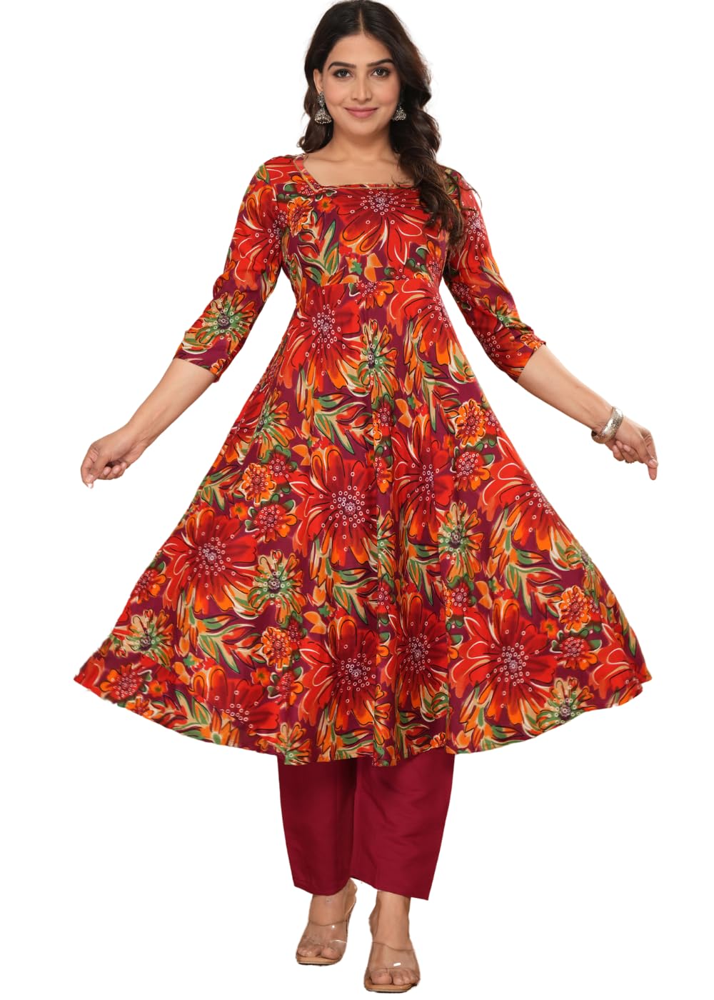 Wings Afar Women's Printed Anarkali Rayon Kurta Pant Duatta with Lace, Red and Orange