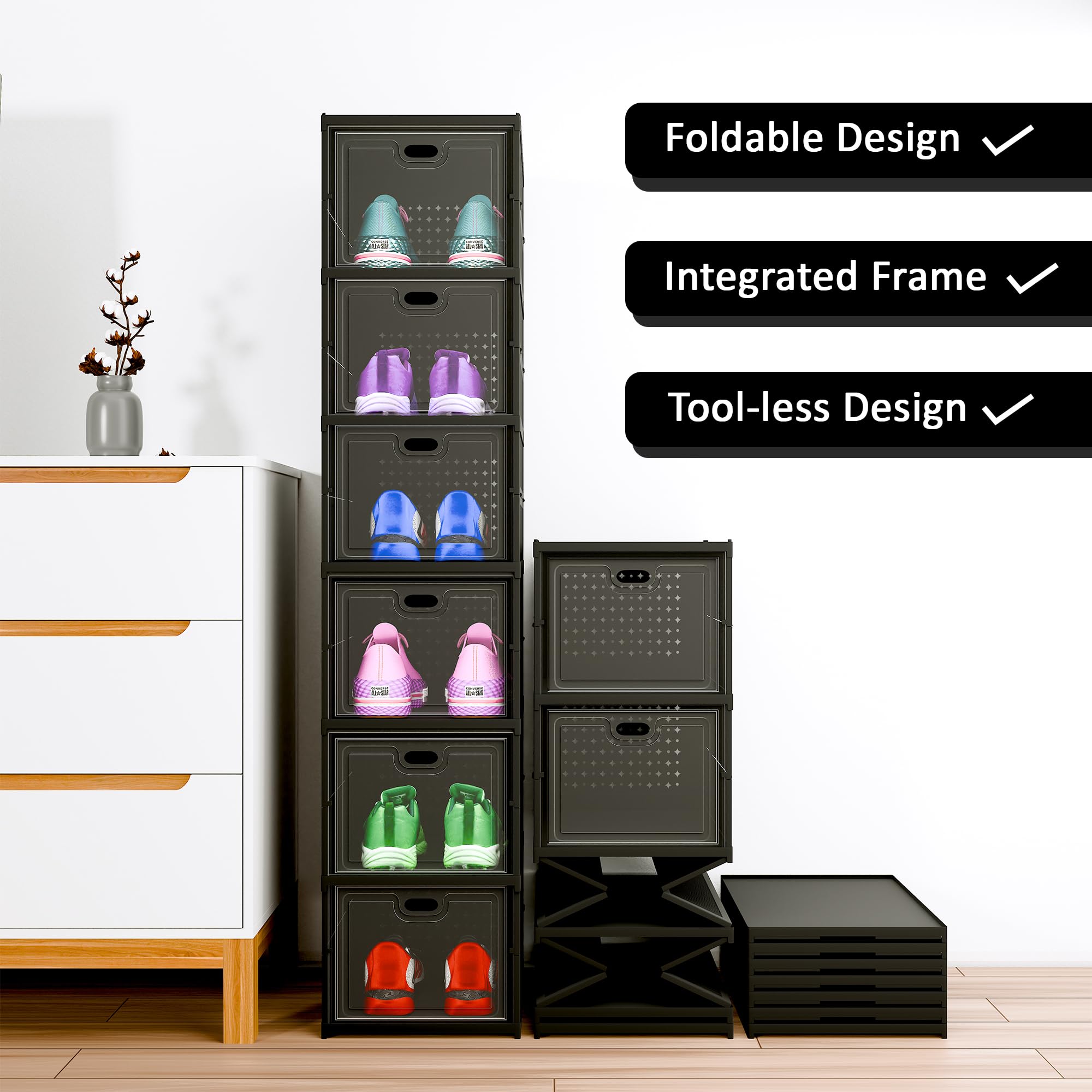 RUBOXA Pack of 2 Foldable Plastic 3 Layer Shoe Rack for Home with Door | Chappal Stand for Home/Shoes Crates for All Footwear - Slippers, Sneaker & Sandal | Multipurpose Cabinet Organizer | Grey 4