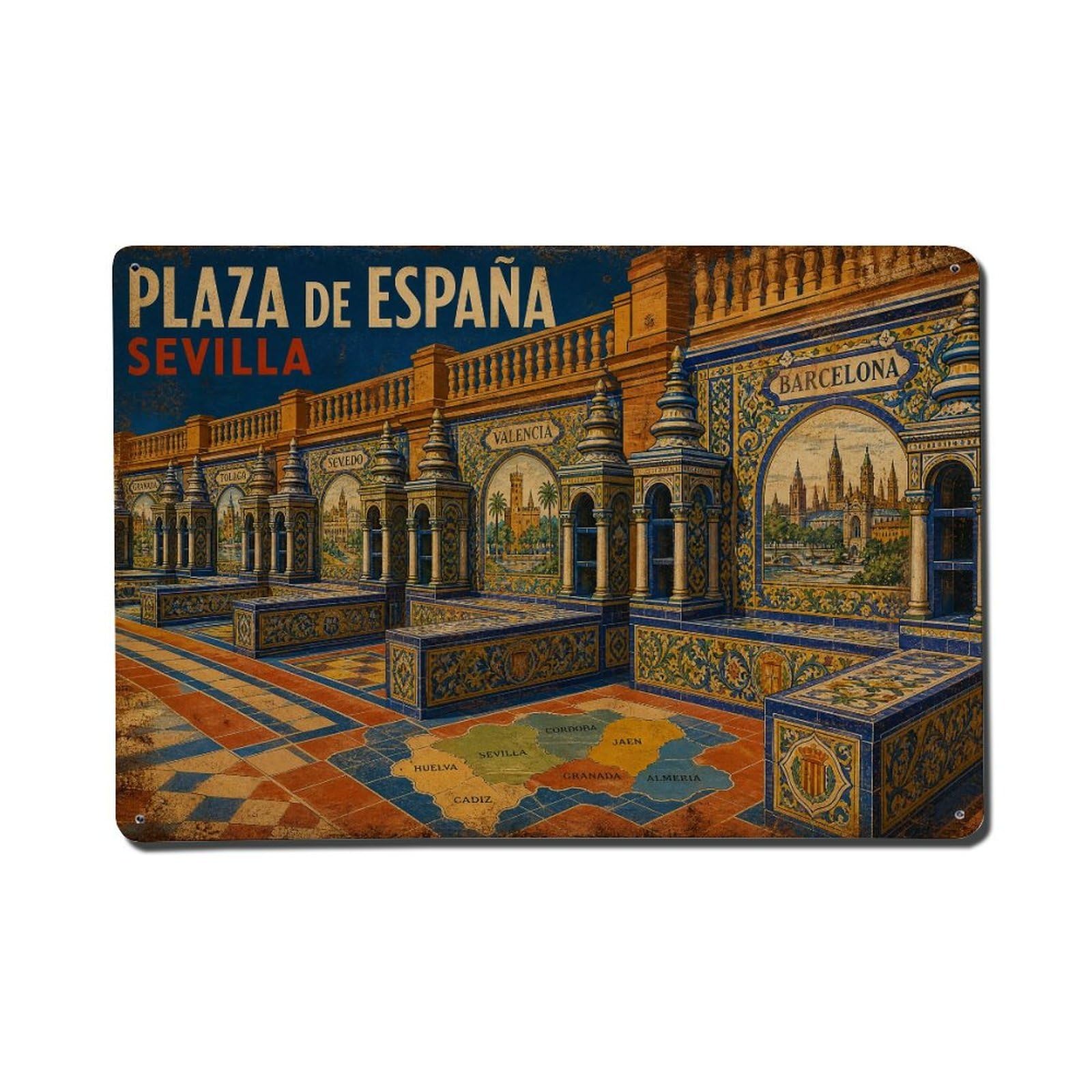 Vintage Travel Plaza Espana Tile Benches Seville Provinces Metal Tin Sign