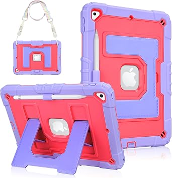 Aolcev for iPad 9th 8th 7th Generation Case 10.2 inch with Shoulder Strap & Larger Stand & Pencil Holder Tablet Cover Shockproof Protective Case for iPad 9th/8th/7th Gen 2021/2020/2019 Kids Purple