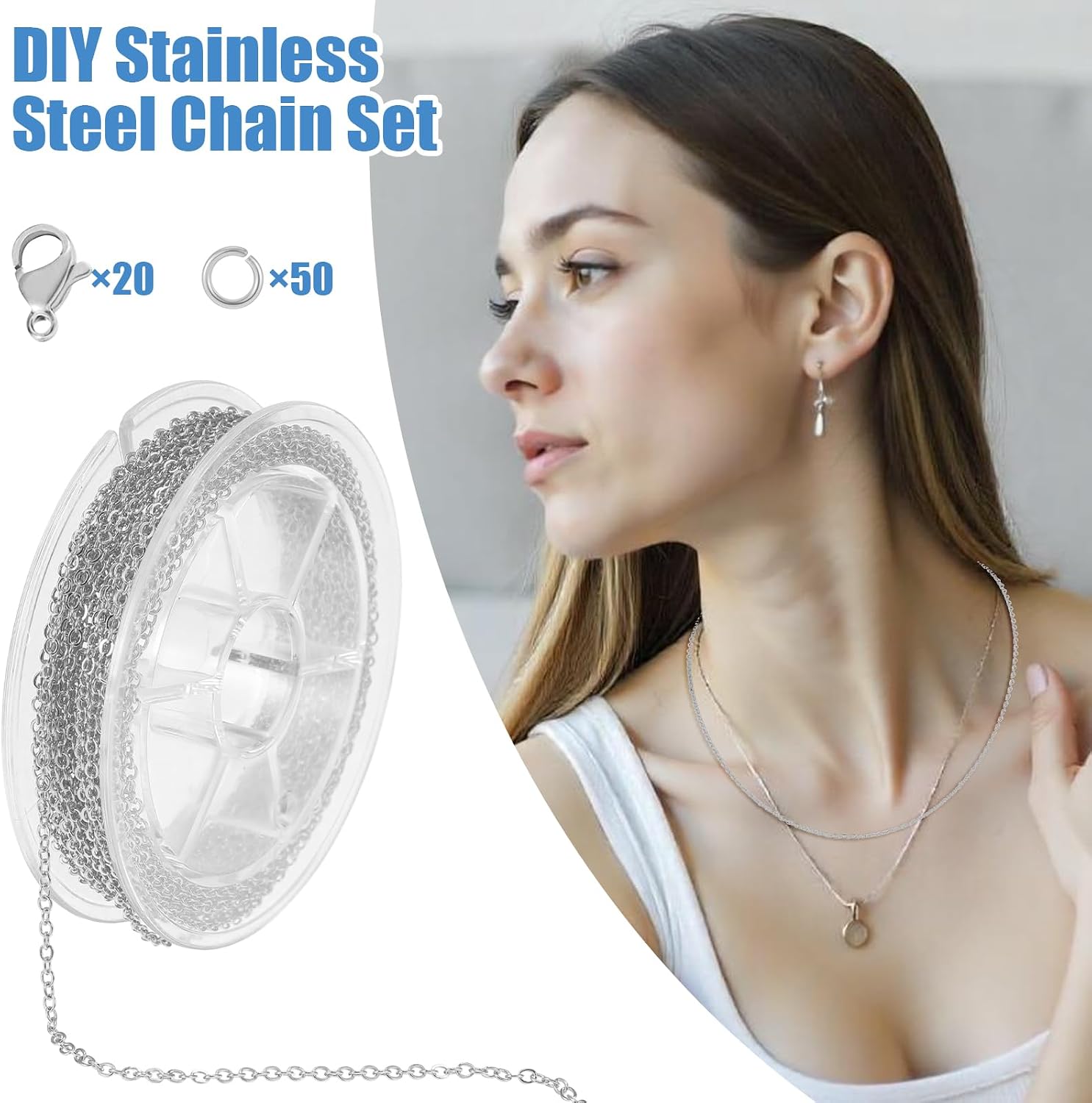 Ptwola Stainless Steel Jewelry Chains Making Silver Necklace Thin Chain Flat Cable Link Chain with Jump Rings Lobster Clasps Connectors for DIY Craft Necklace Bracelet Jewelry Making