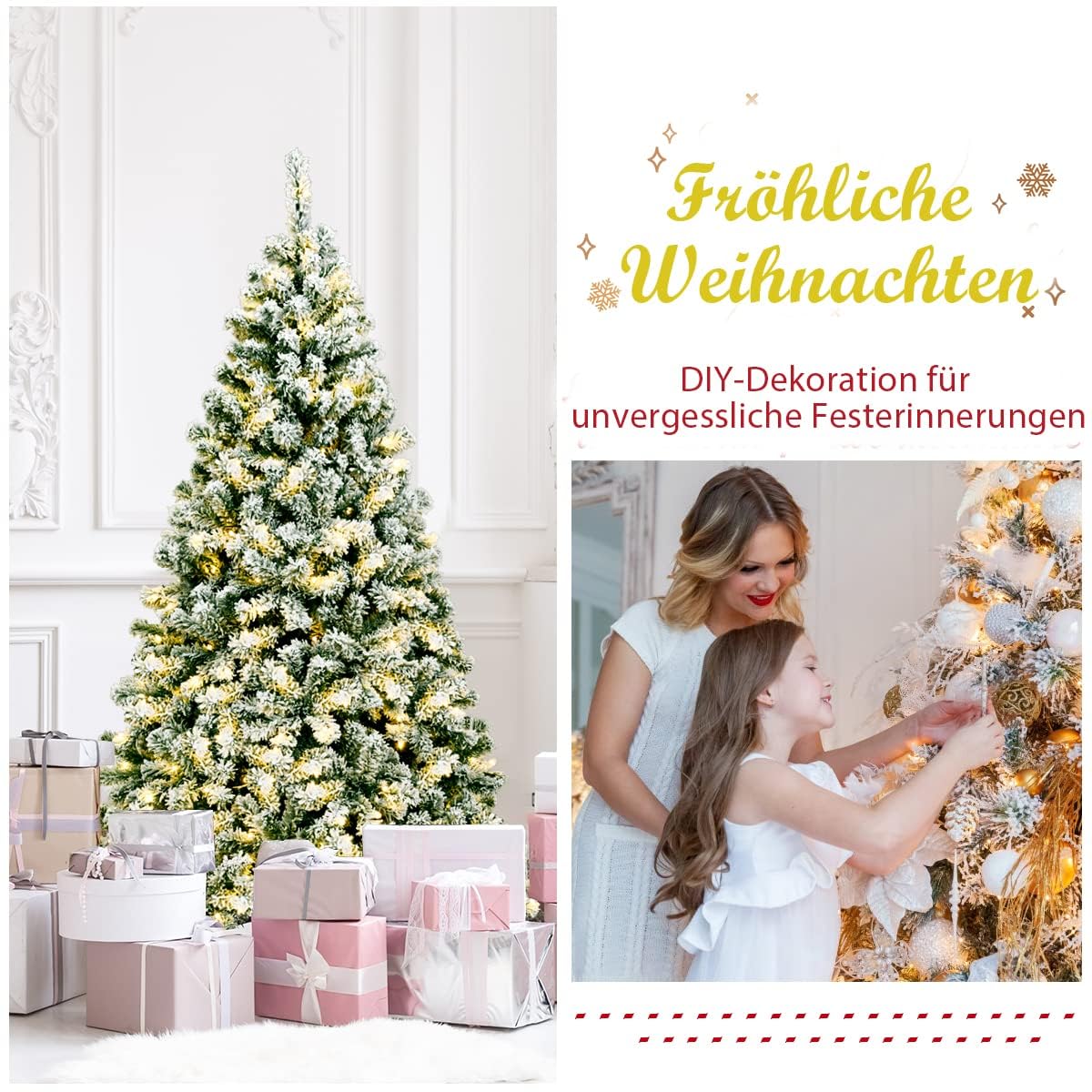 COSTWAY 135/180/225cm Künstlicher Weihnachtsbaum mit Schnee und warmweißen LED-Leuchten, Tannenbaum mit Metallständer, Christbaum PVC Nadeln, Kunstbaum Weihnachten grün (180cm)