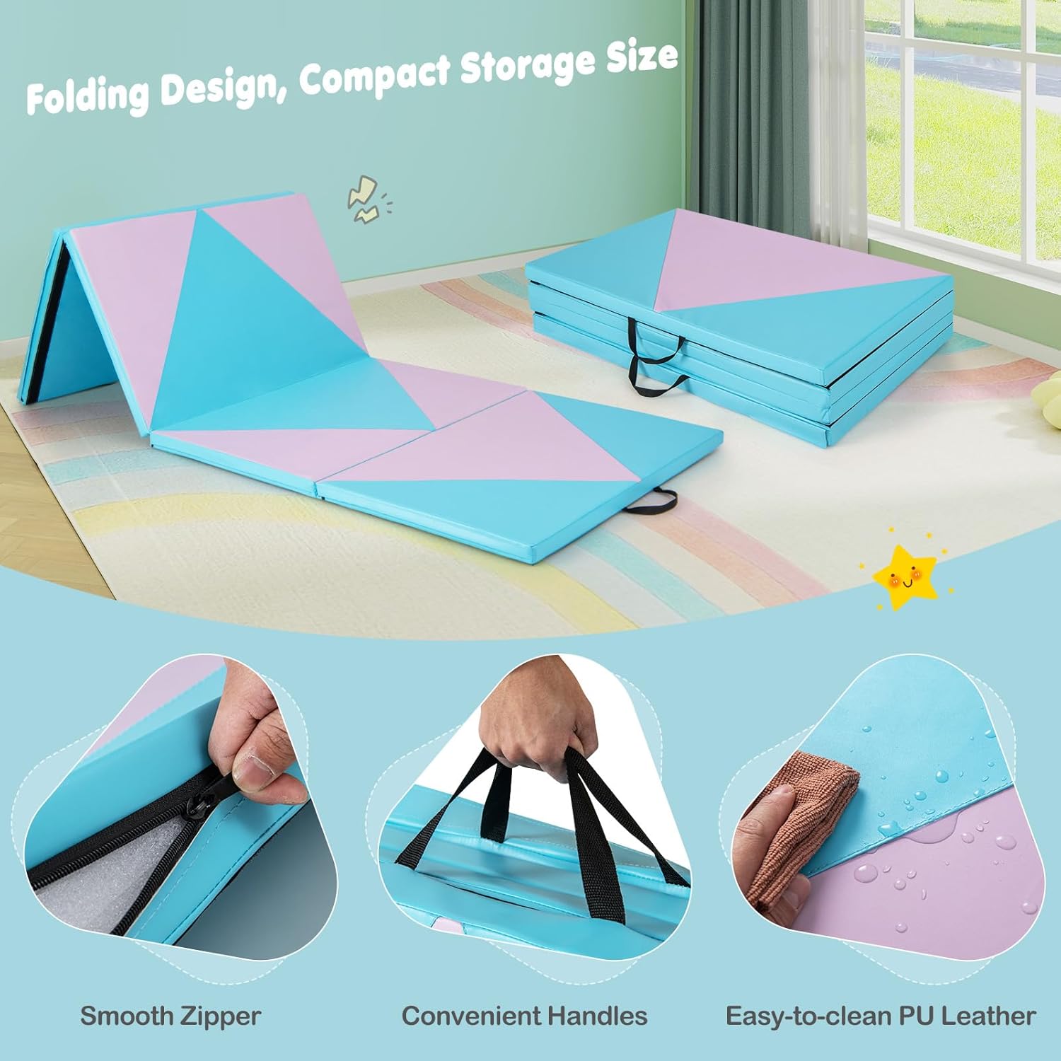 Giantex 4'x10'x 2" Gymnastics Mat, 4-Panel Folding Aerobics Exercise Mat w/Hook & Loop Fastener, Carrying Handle, Portable Tumbling Mat for Stretching Yoga Cheerleading Martial Arts