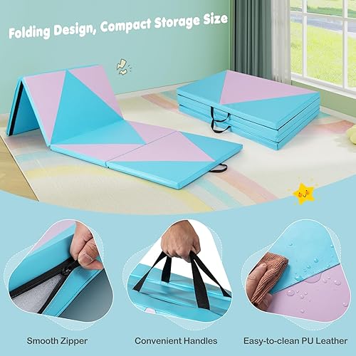Vista 54 de Giantex 4'x10'x 2" Gymnastics Mat, 4-Panel Folding Aerobics Exercise Mat w/Hook & Loop Fastener, Carrying Handle, Portable Tumbling Mat for
