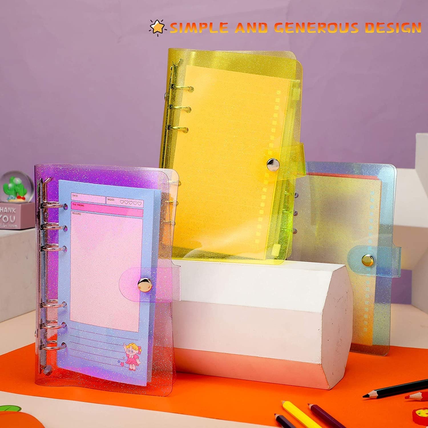 Confezione da 3 copertine per quaderni A6 in PVC con chiusura a bottone a pressione, ideali per agenda e cancelleria per ufficio, cartella resistente ed elegante per l'organizzazione di fogli sciolti.