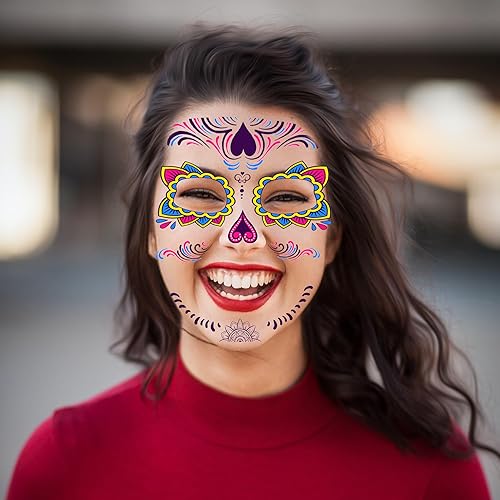 Miniatura 4 de Juego de 8 calcomanías fluorescentes para tatuajes faciales, calcomanías corporales que brillan en los rayos UV, neón, tatuajes temporales para