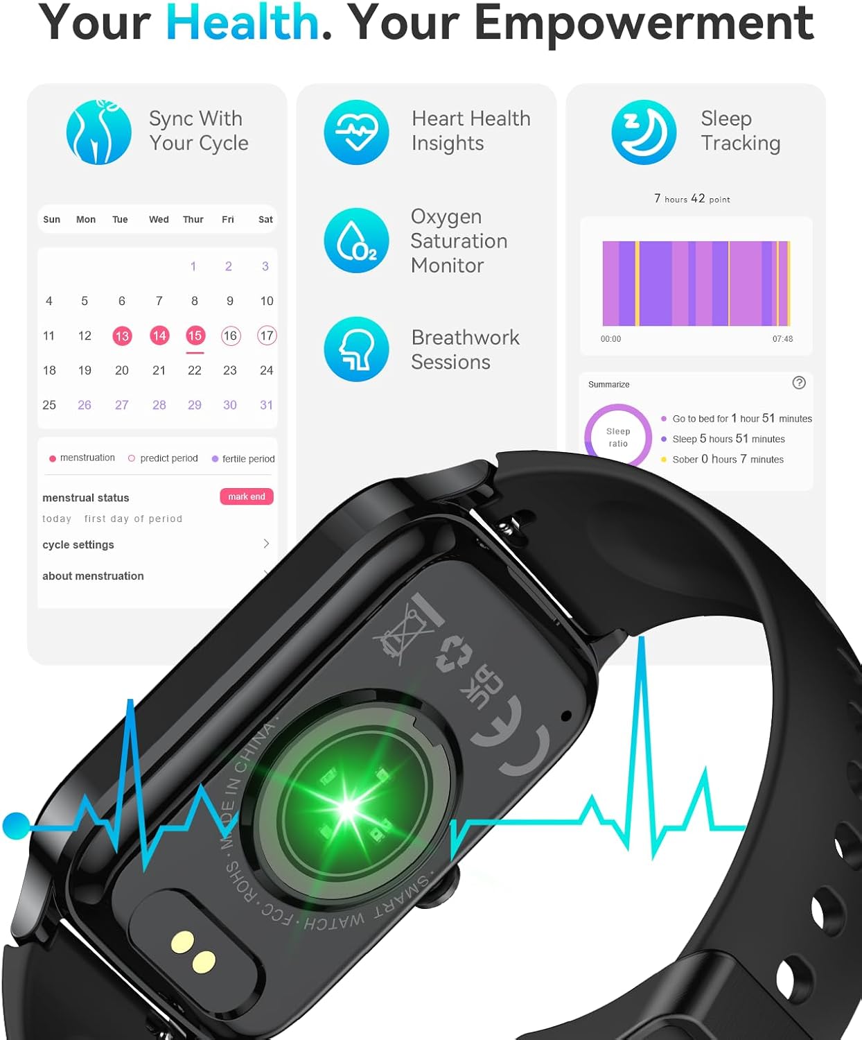 Fitness Tracker for Women Men, Activity Smart Watch Compatible with Android iPhone, Step Counter with 110+ Sports, Sleep Monitor, Calorie Counter, IP68 Waterproof (Black, 1.57)