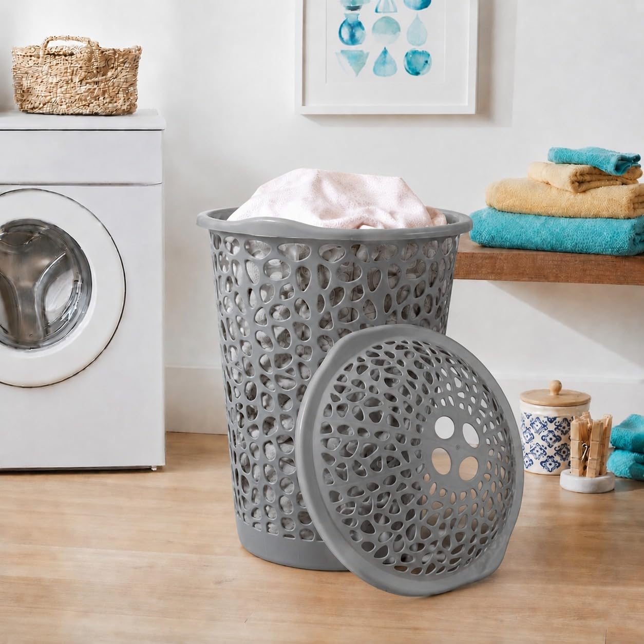 KITCHIVO™ Plastic Large 55 Ltr Laundry Basket with Lid & Handle | Multipurpose Hamper Bins Storing Washable Clothes, Blankets | Household Ideal for Home & Bathroom (Round Grey)-image-38