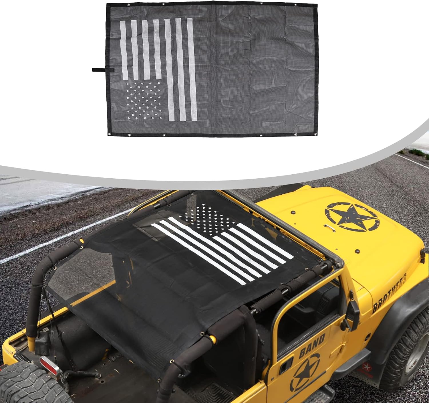 JWWY for Jeep TJ Sunshade Mesh Sun Shade Bikini Top for 1996-2006 Jeep Wrangler TJ Accessories 4Door,Reduces UV + Wind & Noise. Easy No Tool Install Sun Shade Top for Jeep Good Stuff US Flag