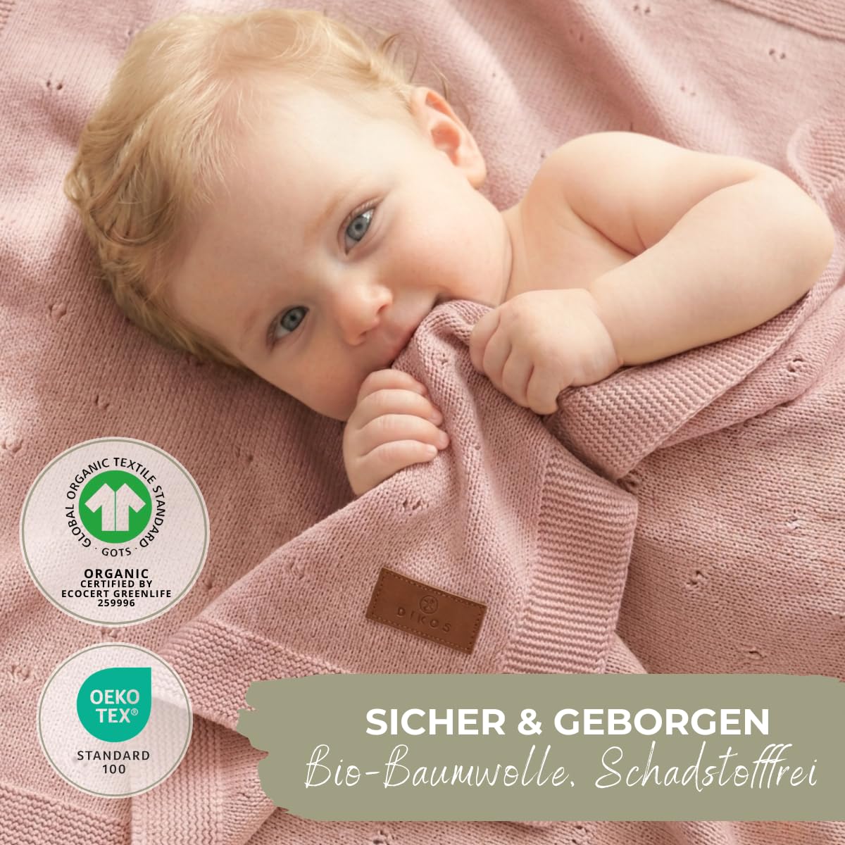DIKOS Babydecke Sommer 75×100 cm aus feiner Bio-Baumwolle (GOTS & Oeko-TEX® 100) – atmungsaktive Strickdecke, leichte weiche Baby Decke für Neugeborene Mädchen, Geschenk zur Geburt (Altrosa)