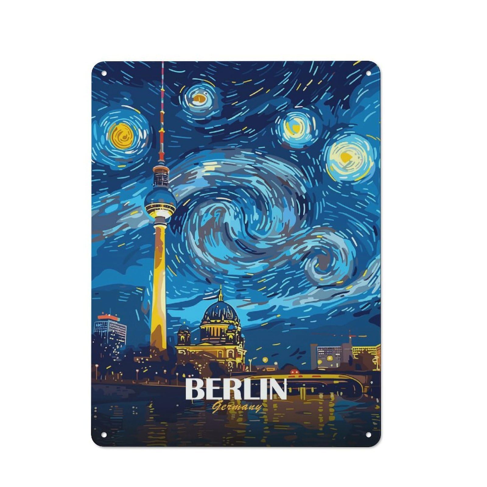 Junmoney Style-5 Berlin Starry Night Cityscape Tin Wall Sign 40X30cm, Loft Style Industrial Wall Decor For Loft, Studio, Office Or Creative Room