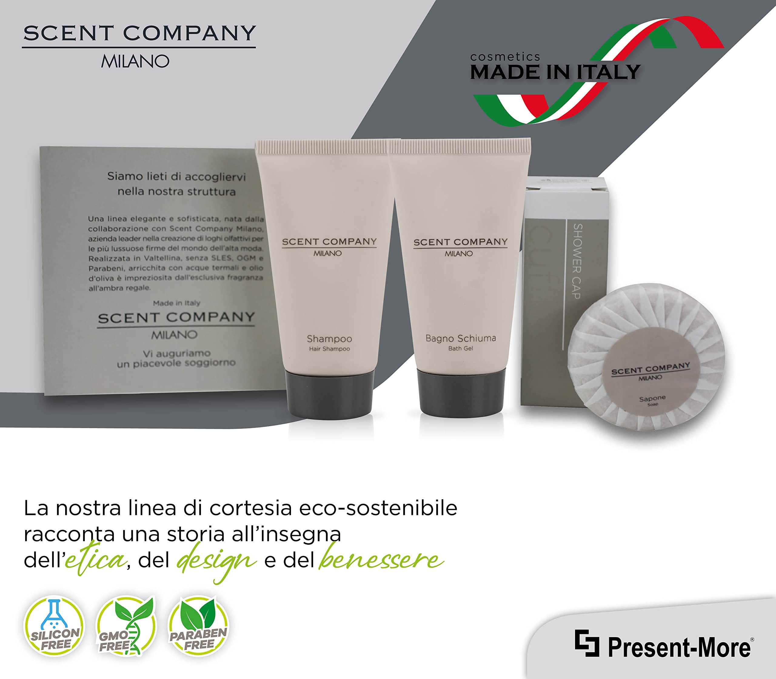 Present-More Amenities Kit Scent Company Milano - Toilettenartikel 15 Gäste für Hotels und B&B | Amenities Kit mit Duftnote Royal Amber