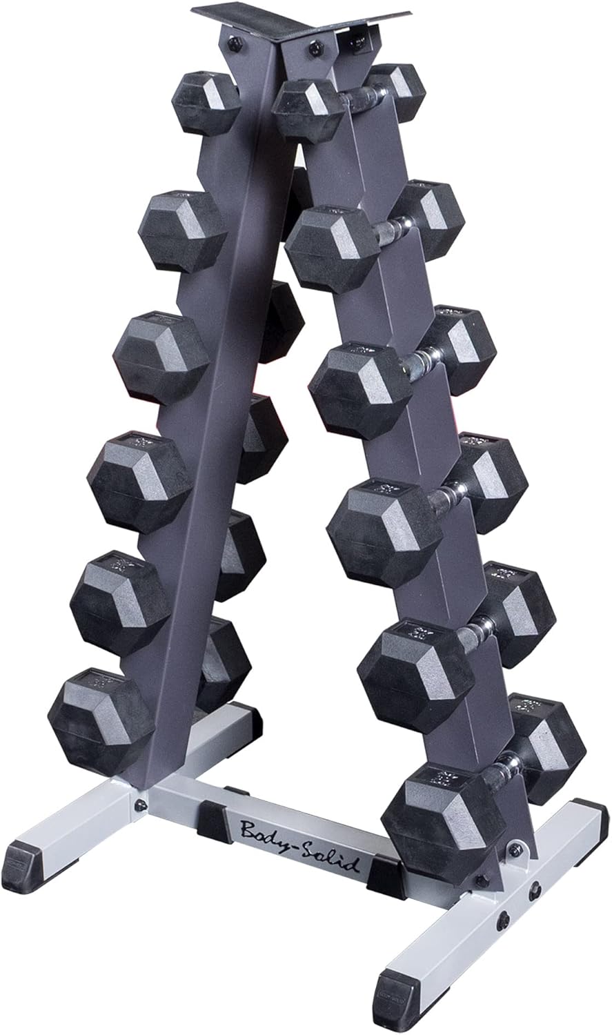 Body-Solid GDR44B Vertical Dumbbell Rack with hex dumbbells
