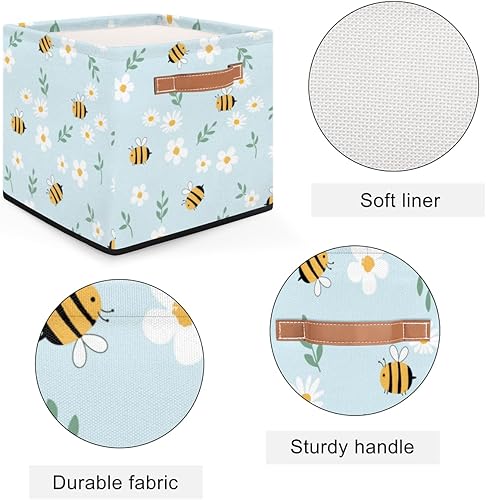 Miniatura 10 de Aglebo Cesta de almacenamiento de girasol de madera, caja de almacenamiento plegable de tela de 13 x 13 x 13 pulgadas, cubos cuadrados con asas para