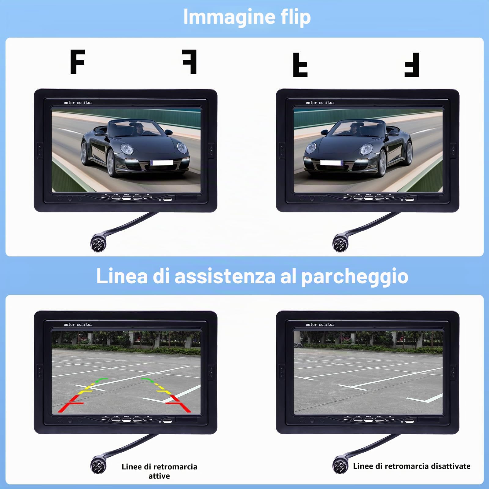 CAMECHO Sistema Doppio Telecamera Posteriore Impermeabile Visione Notturna Fotocamera di Backup Anteriore + 7 '' 4-Split Monitor + 33ft cavo 12V 24V per auto rimorchio camper bus