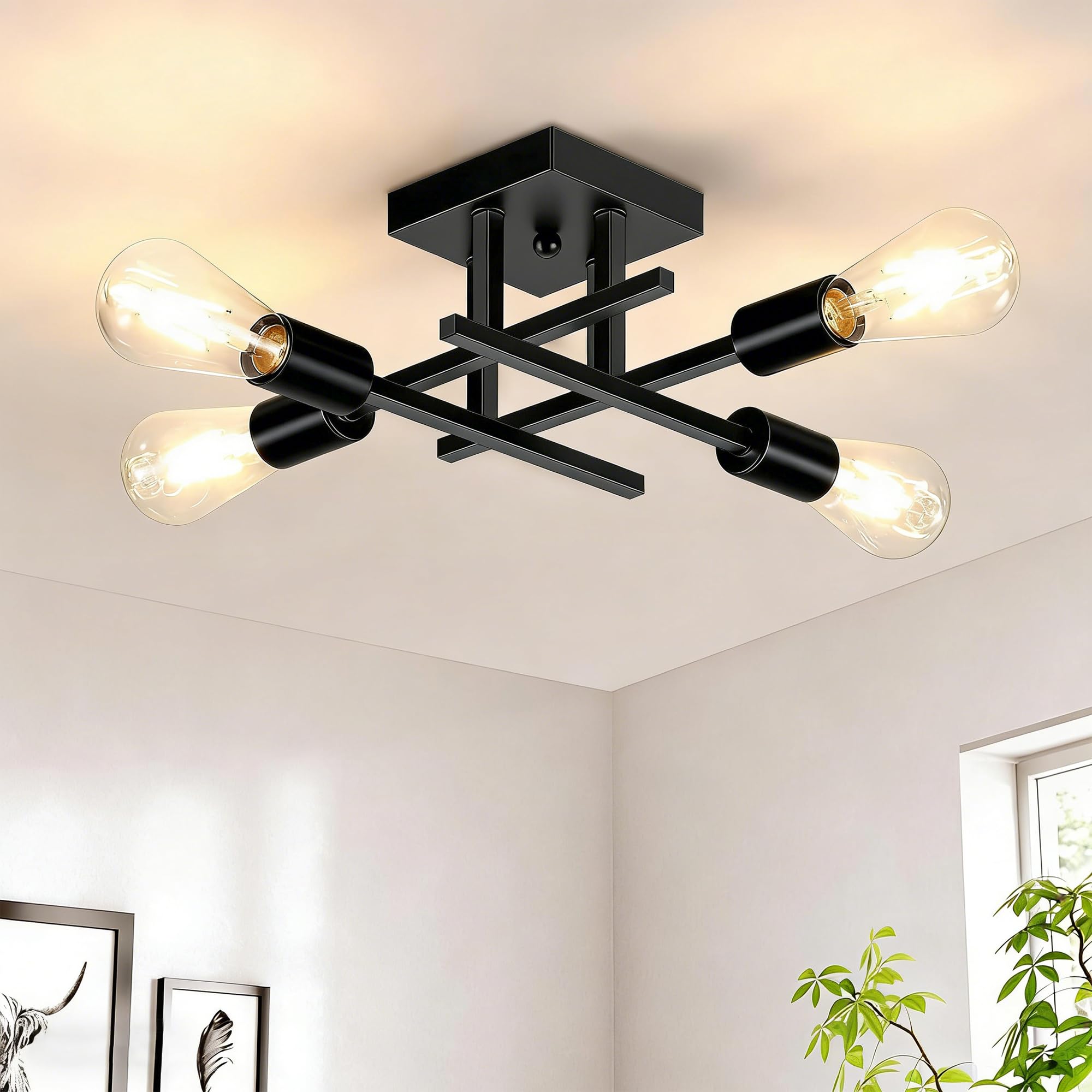 Gbood 4-Lights Sputnik Chandelier Modern Semi Flush Mount Ceiling Light for Bedroom Lighting, Industrial Kitchen Light Fixture Ceiling Mount for Dining Room Hallway Living Room（Black）