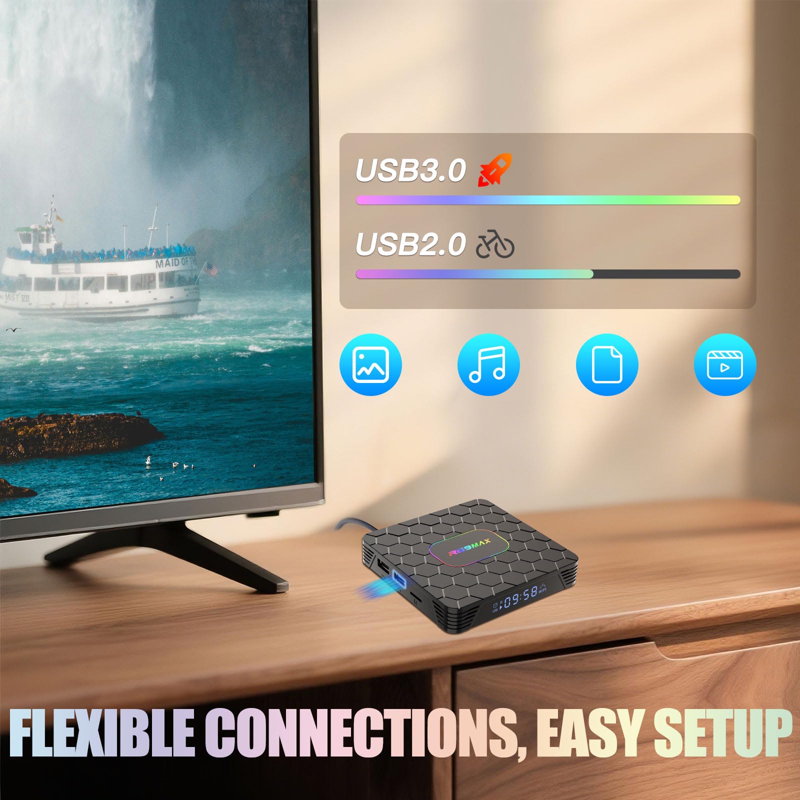 Android 14.0 TV Box 4K Android TV Box Quad Core Chip with Wi-Fi 6