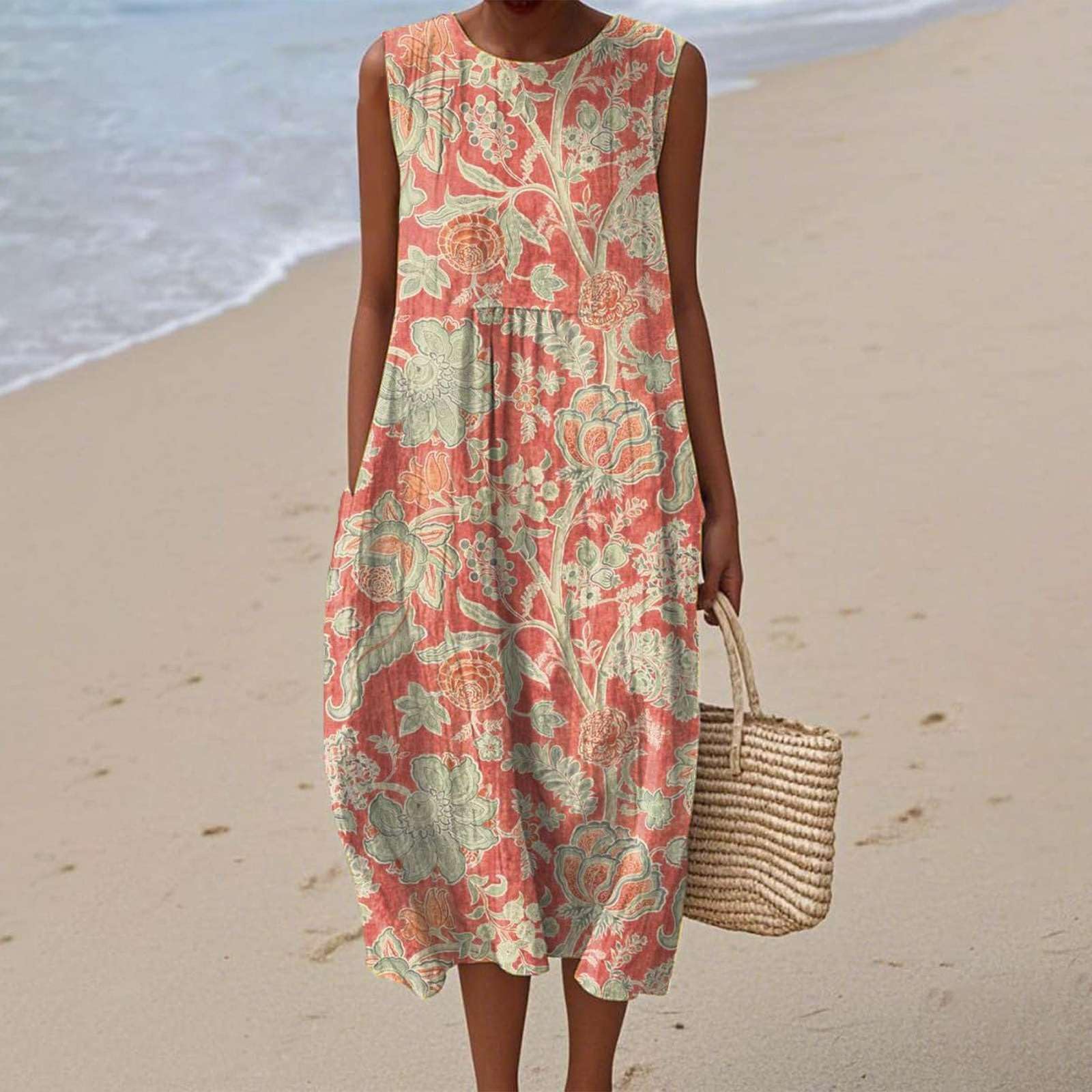 Vestito in Lino Donna Estivo Senza Maniche Abiti Estivi Donna Boho Chic Lungo Abito Donna con Stampa Floreale Vestiti Estivi Larghi Girocollo Leggeri per Vacanze Mare e Casual Moda