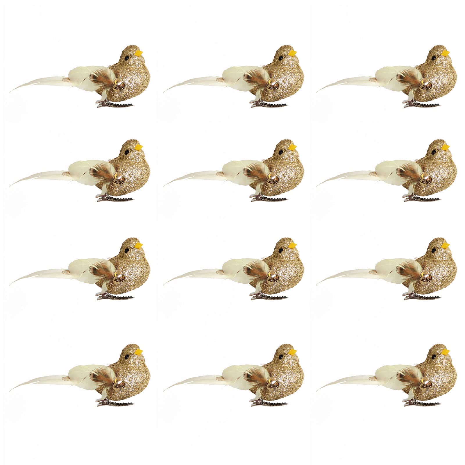 Zhdoka Gold 12Pcs Glitter Christmas Cardinal Birds With Clips, Artificial Foam Birds With Long Tail Feather, Clip On Bird Xmas Tree Ornaments (Gold)