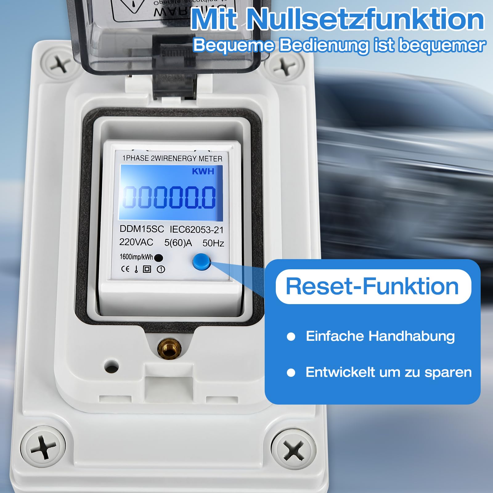 Compteur électrique numérique mobile pour prise de courant 230 V, 60 A - Appareil de mesure d'extérieur avec étanchéité IP67 - Stockage en cas de panne de courant et réinitialisation à un bouton pour