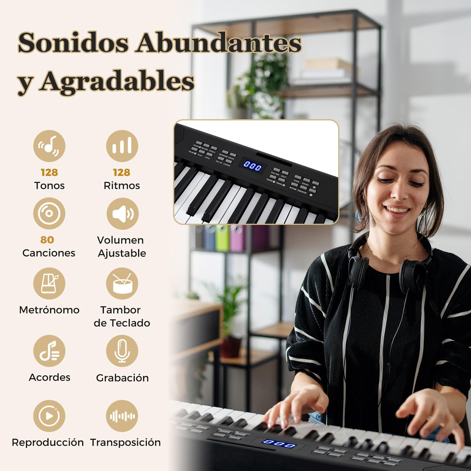COSTWAY Teclado de Piano Plegable de 61 Teclas, 128 Tonos y 128 Ritmos, Piano Electrónico con Auriculares, Pedal de Sustain, Teclado Digital Portátil con Bolsa Transporte para Principiantes (Negro)
