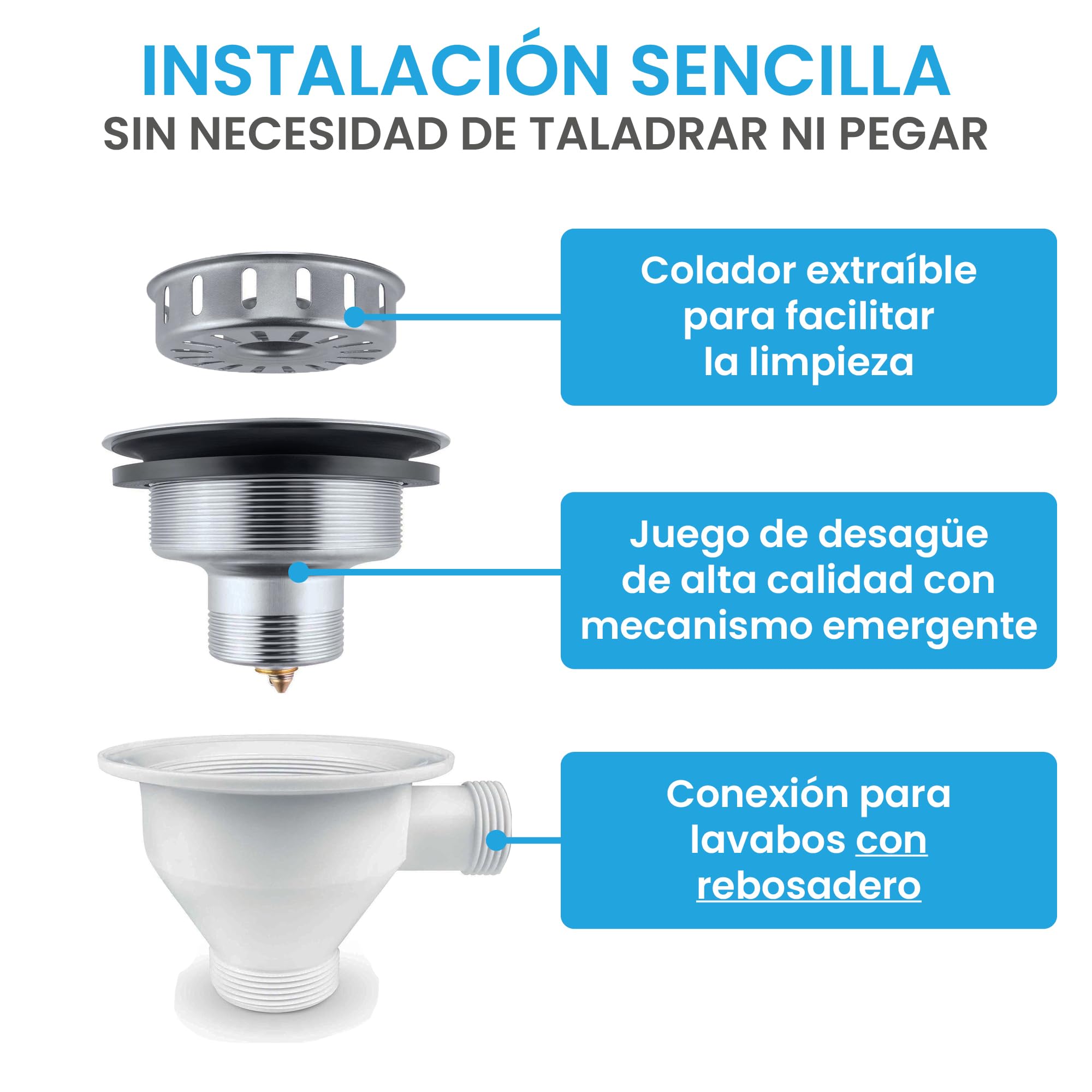 Bächlein Juego de Desagüe para el Fregadero, Diámetro de 114 mm, con Rebosadero, Dispositivo de Clic Ahora También para el Fregadero de la Cocina, Desagüe de Acero Inoxidable Pulido con Rebosadero