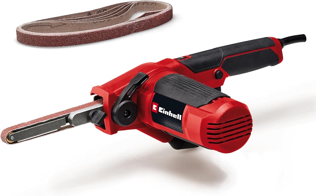 Einhell Bandfeile TC-BF 500 E (500 Watt, Geschwindigkeit bis 1.700 m/min, Dauerlaufarretierung, integrierte Staubabsaugung, Drehzahlelektronik, inkl. 6x Schleifbänder)
