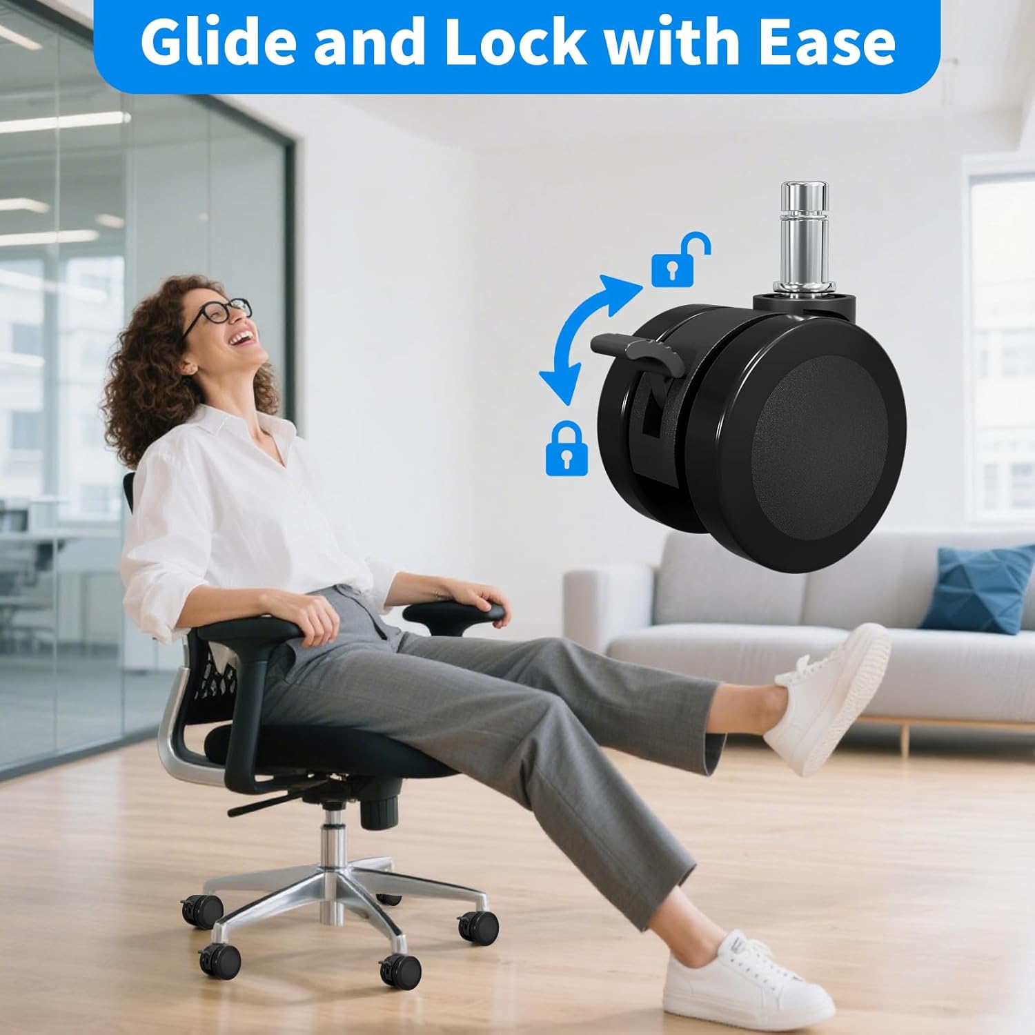 MySit Office Chair Casters with Brake Heavy Duty Mute PU Stool Caster Wheels Replacement Easy Installation Set of 5 11x22mm Universal Fit for Hardwood Floors