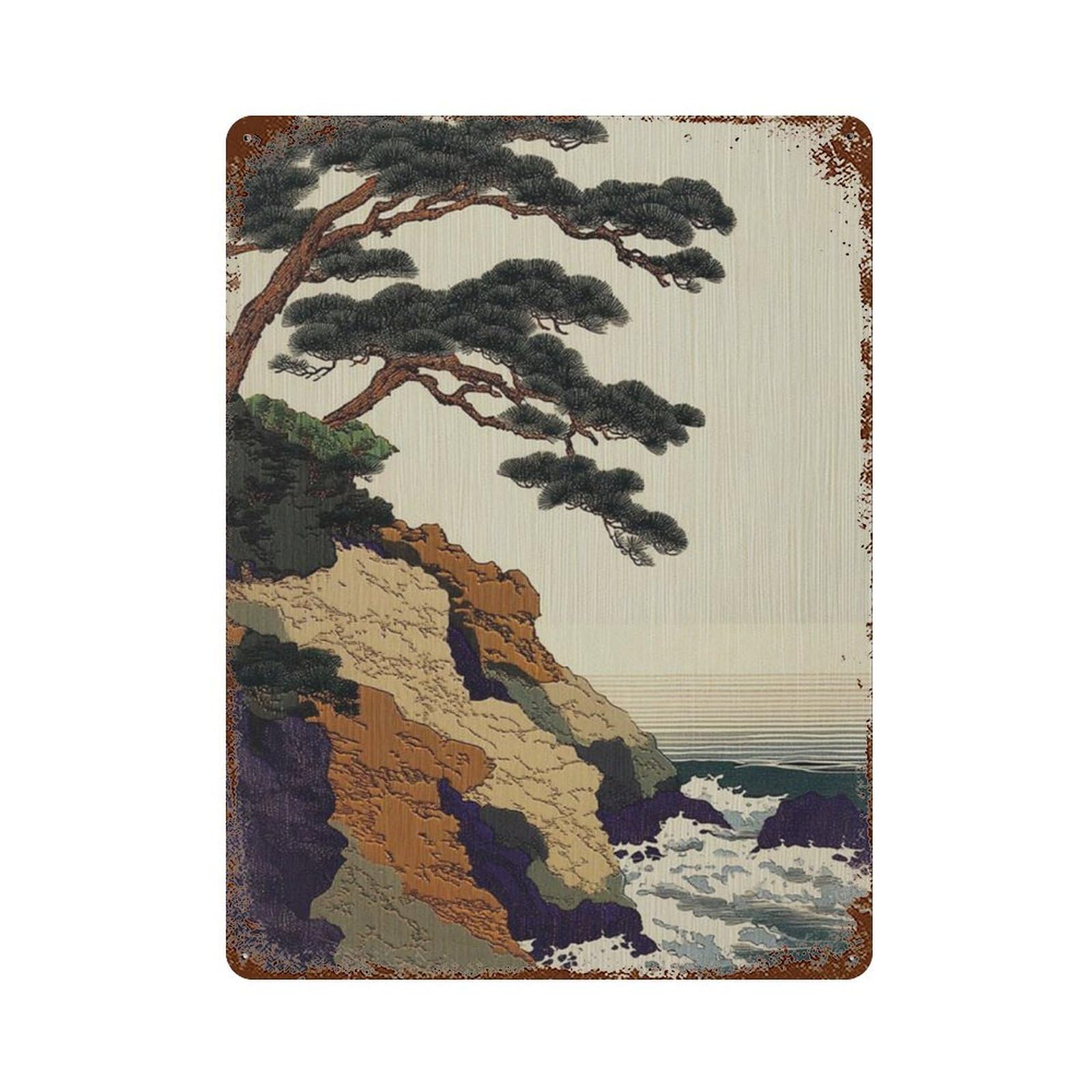 xiaoxiaoshen Japanese Pine Tree Woodblock Minimalist Asian Landscape Wall Decor Art Metal Tin Poster Modern Home Decor Art Home Bar Shop Decorations Vintage Sign 40x30cm
