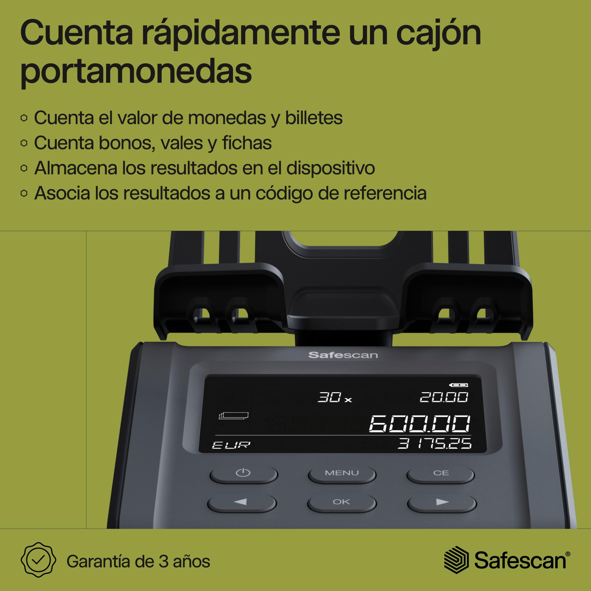 Safescan 6175 Máquina para contar dinero cuenta valor de monedas, billetes, vales y fichas -Cuenta monedas con reconocimiento automático de rollos -Balanza de dinero que guarda resultados del conteo