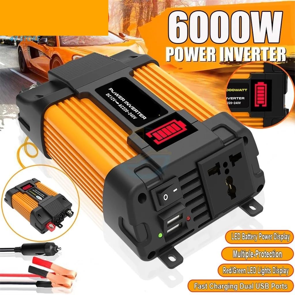 Inverter di Potenza, Convertitore di trasformatore DC-AC for auto da 6000 W, adattatore universale for presa con caricabatterie USB, stazione di ricarica rapida(6000W)