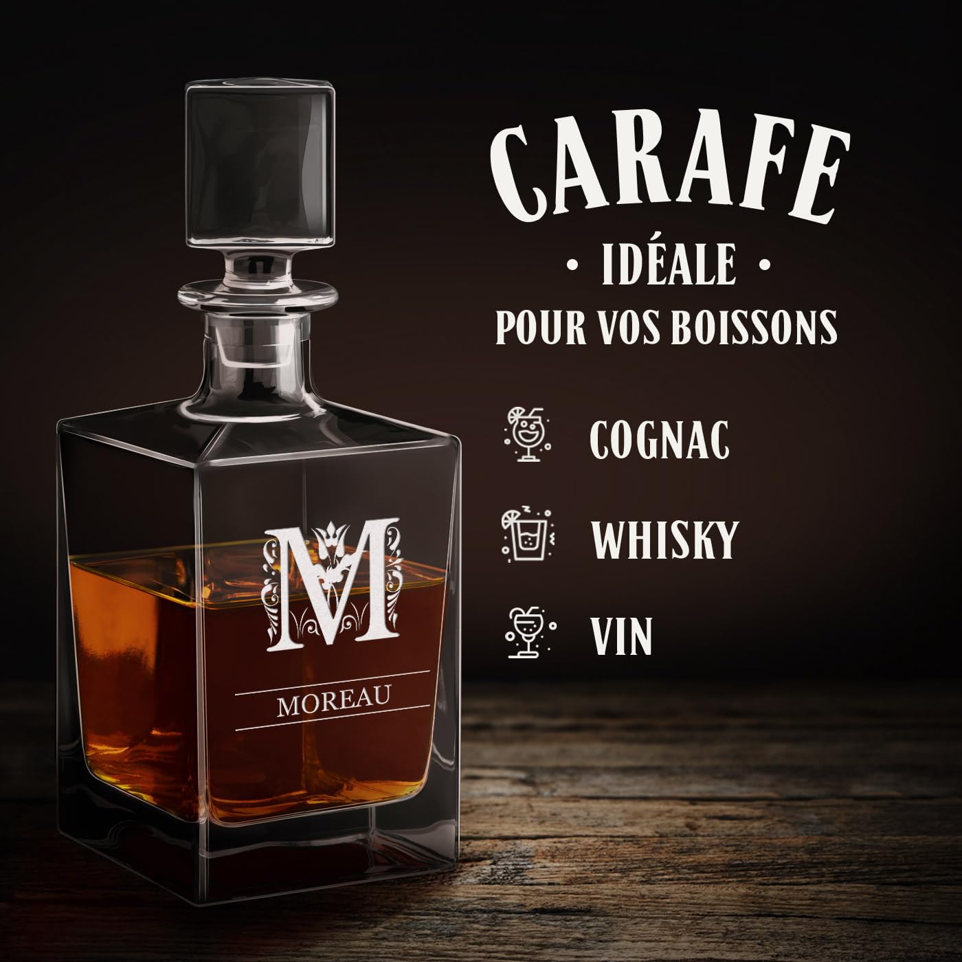 Maverton Ensemble à Whisky personnalisé - 81cl Carafe et 6 Verres avec Gravure pour Hommes - pour dégustation de Rhum Scotch Bourbon - pour Gentlemen - pour Anniversaire - Cadeau Noel - Nom